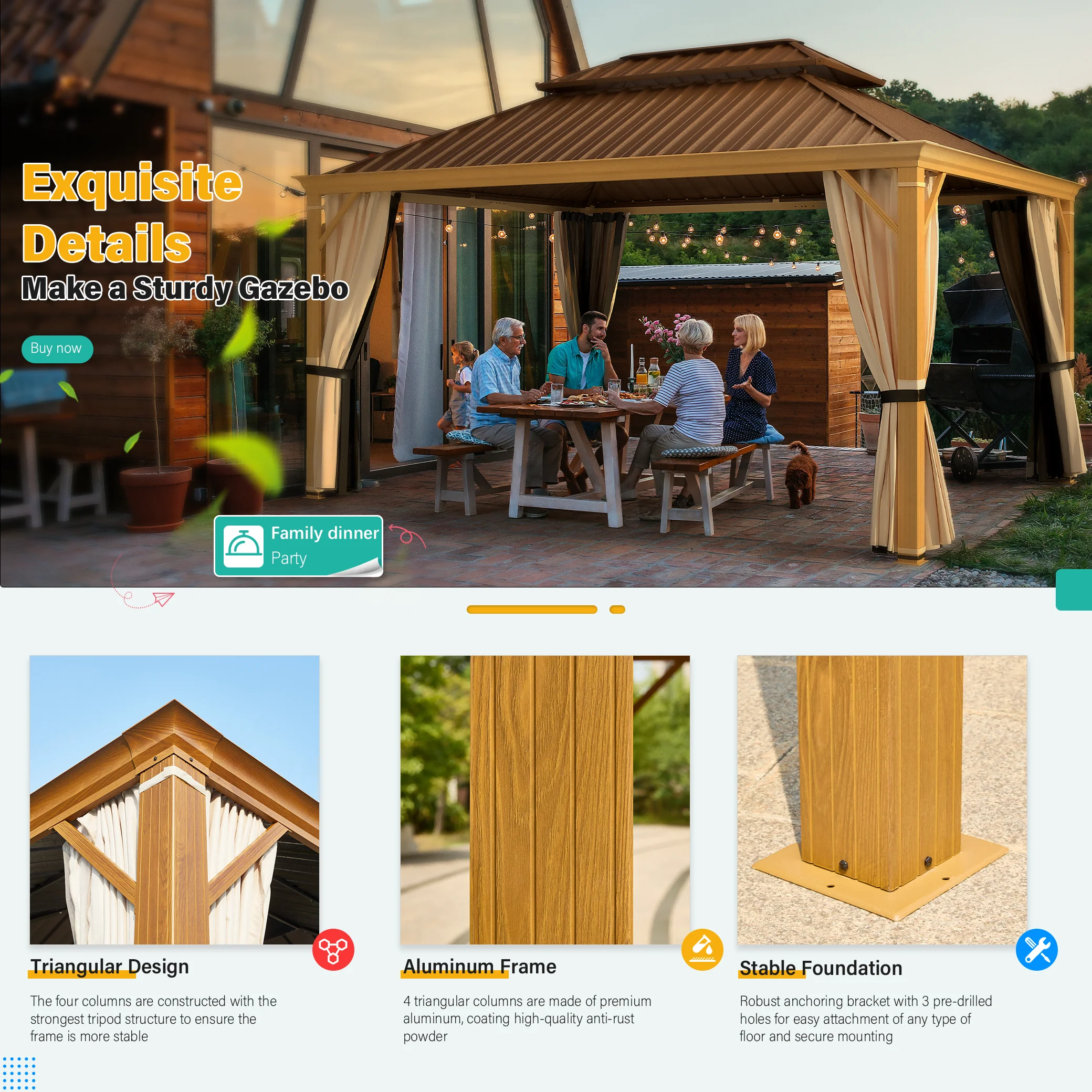 Richryce Gazebo 12’x16’W/Steel Double Roof Hardtop Gazebo, Rust Resistant Coated Aluminum Frame Waterproof Pavilion, Curtains & Netting Included Gazebo for Patio Backyard Garden Lawn Parties, Brown
