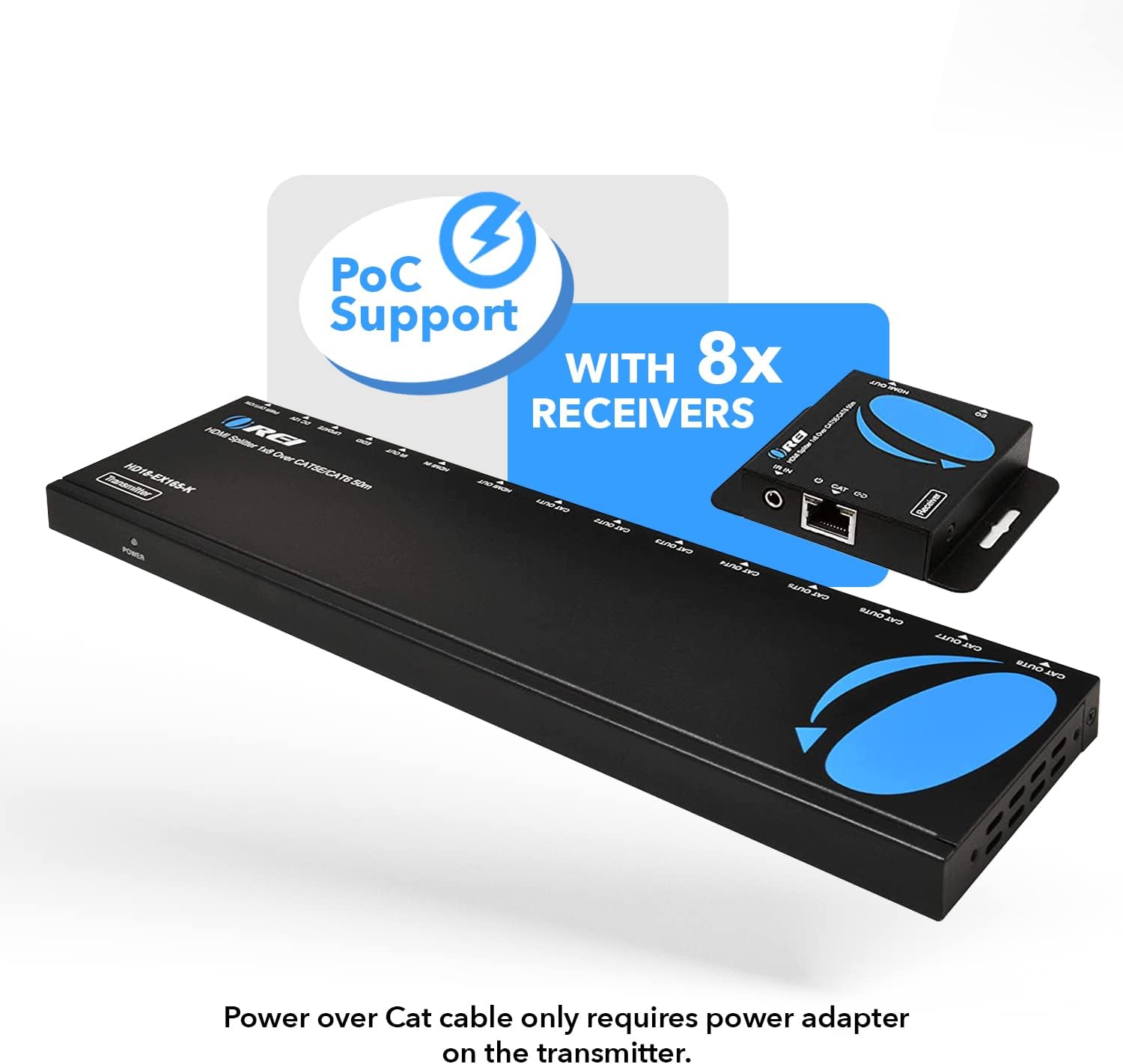 OREI 1x8 HDMI Extender Splitter Multiple Over Single Cable CAT6/7 1080P with IR Remote EDID Management - Up to 165 Ft - Loop Out - Low Latency - Full Support