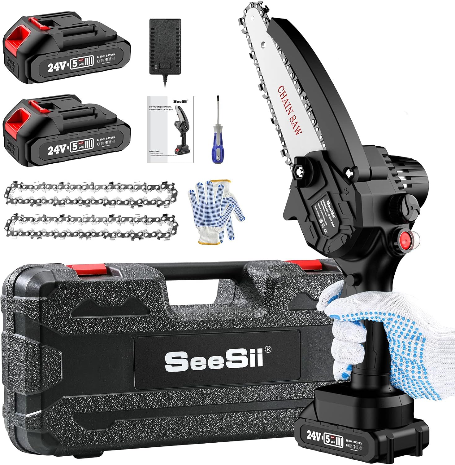 6-inch Mini ChainSaw, SeeSii Cordless Chainsaw with 2x 2.0Ah Batteries Auto-oil System One-Handed Electric Chain Saw Electric Pruning Chainsaw for Wood Cutting Garden Logging Trimming Branch