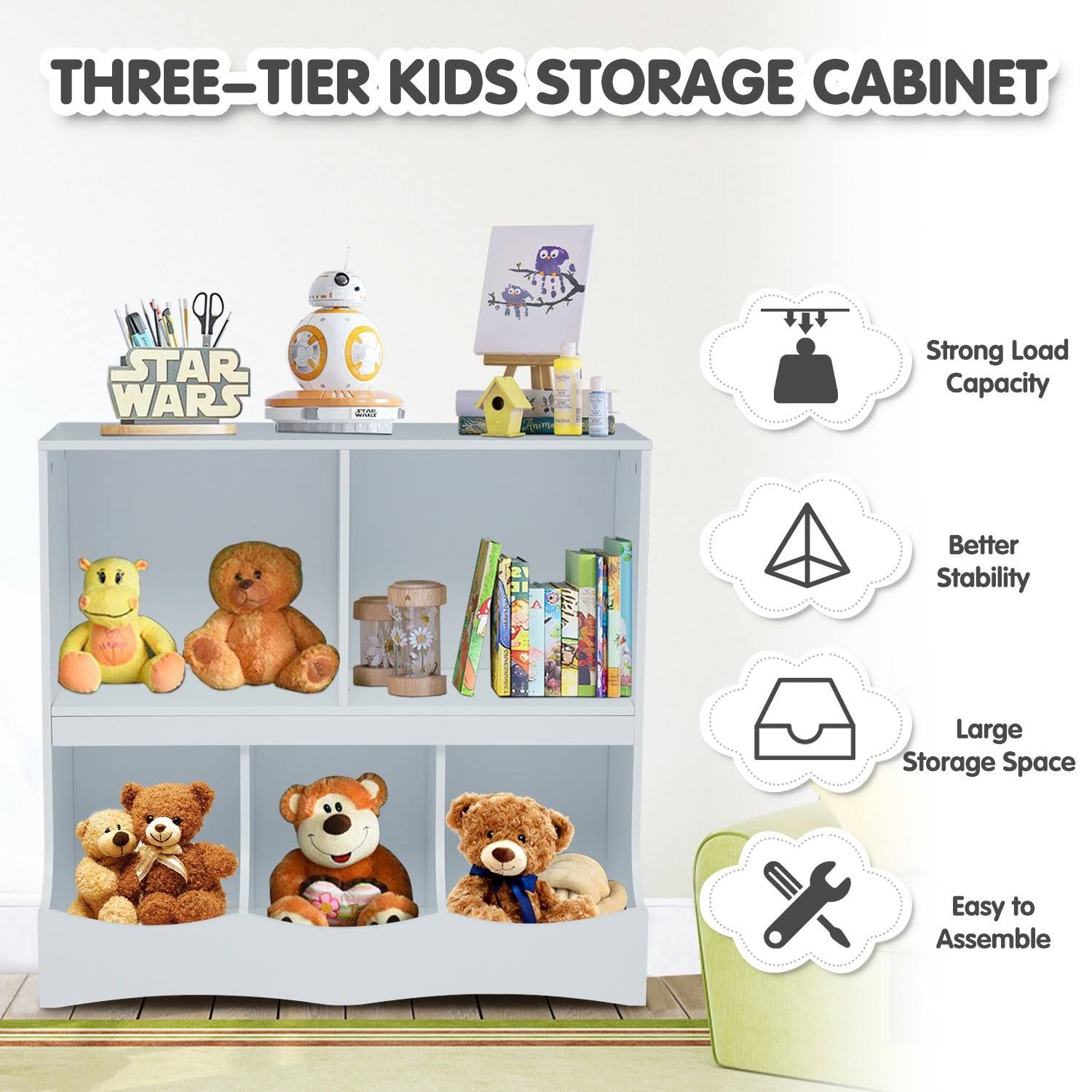 Kinbor Kids Multi-Bin Storage Organizer Cabinet Bookcase with 2 Shelf and 3 Bin Cubby Unit for Children Playroom, Decor Room - W