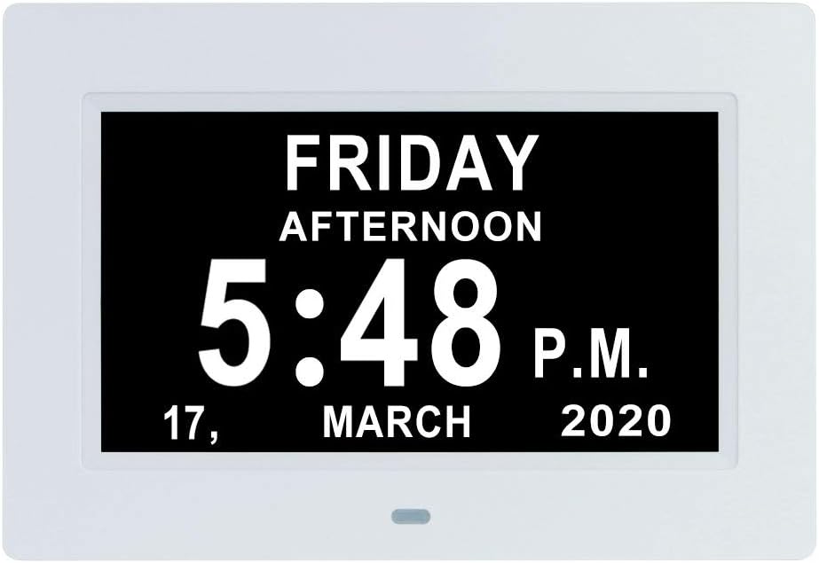 7 Inch Digital Calendar Day Date Clock-12 Alarm Options with Auto-Dimming,Extra Large Non-Abbreviated Day&Month Memory Loss Clock for Seniors,Dementia,Impaired Vision (Black)
