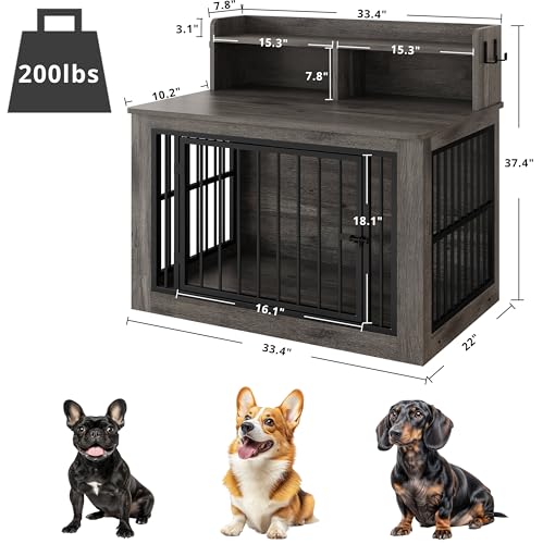 IRONCK Extra Large Dog Crate Furniture, 43.3 inches Wooden Dog Crate with Storage and 4 Hooks, Heavy Duty Pet Crate for Large Dog, Decorative Pet Cage for Indoor (30" L x 43.3" W x 41.1" H)