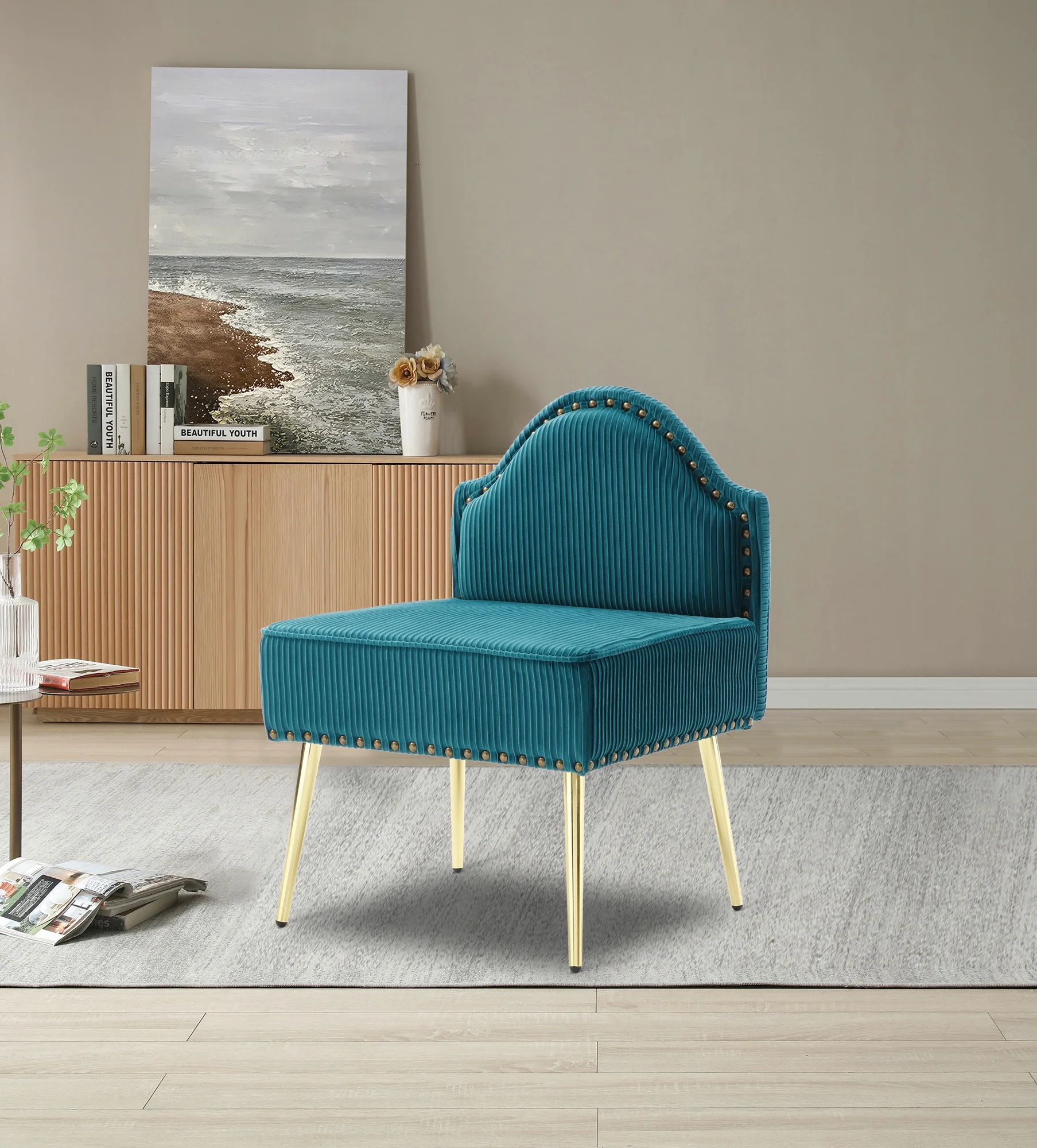 Modern Upholstered Pleated Velvet Accent Chair Tufted Dining Office Chairs Armless Slipper Chair Mid-Century Side Chair Single Luxury Sofa Chair with Golden Legs for Living Room Small Space,Teal