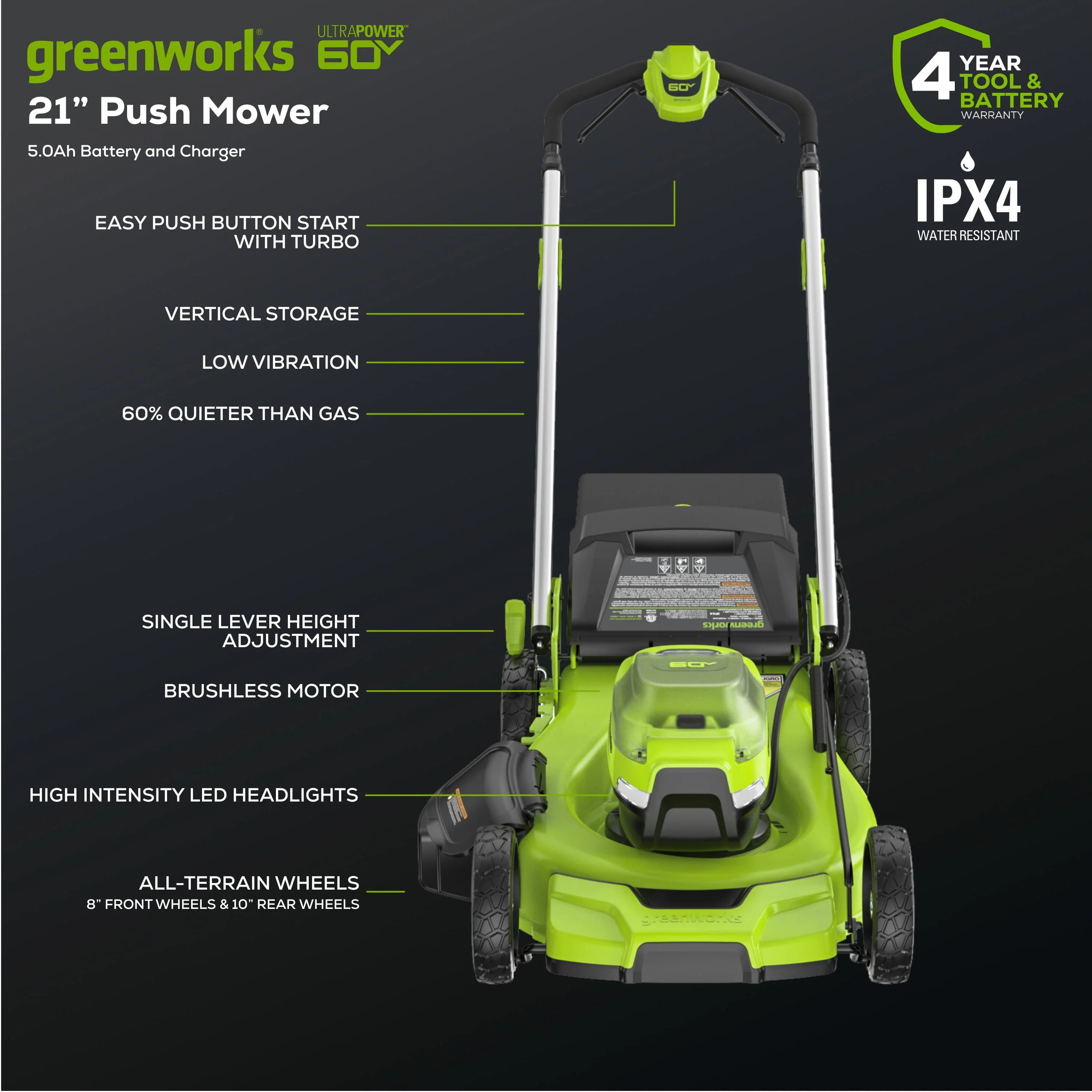 Greenworks 60V 21 Push Lawn Mower with 5.0 Ah Battery & Charger 2546502