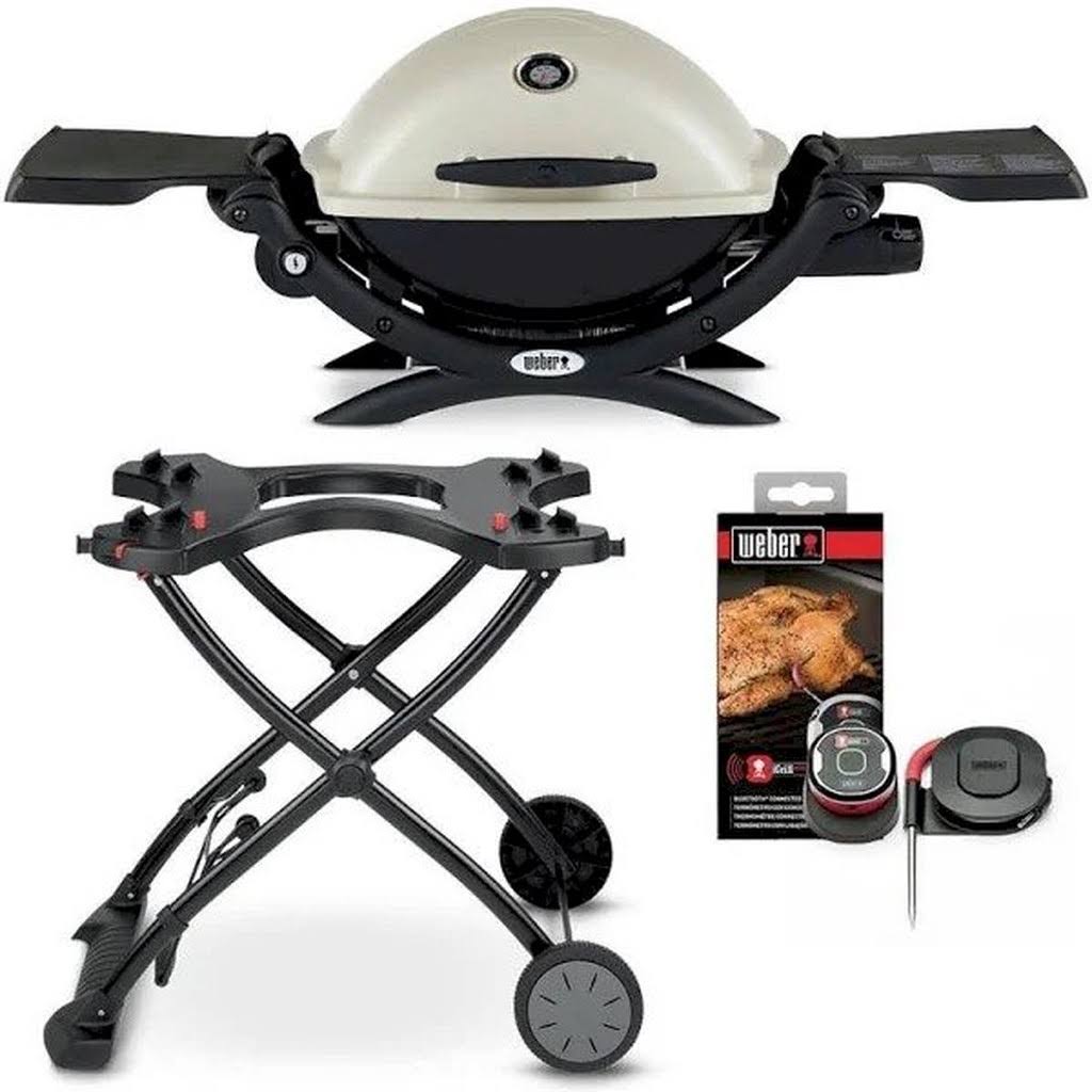 Weber Q 1200 1-Burner Portable Propane GAS Grill Combo in Titanium with Rolling Cart and iGrill Mini