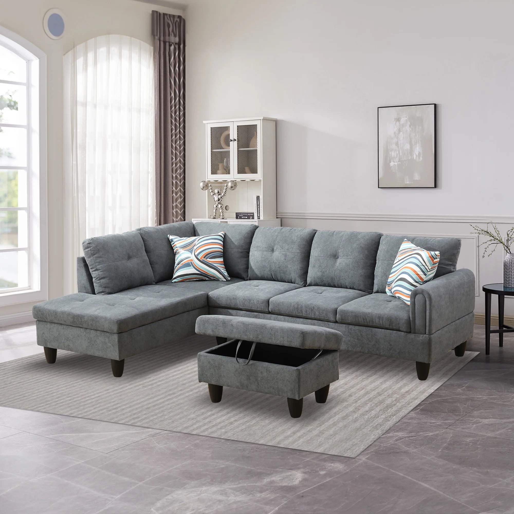 Aukfa Sectional Sofa, 97" Living Room Couch w/ Storage Ottoman, Left Facing Chaise, Flannel, Gray