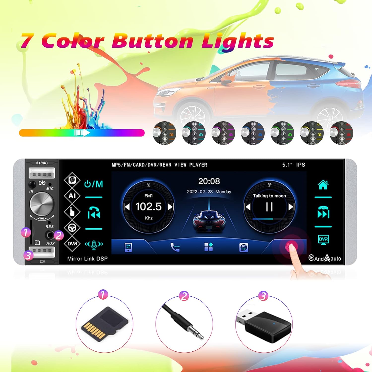 Single Din Car Stereo 5.1 Inch Touchscreen Radio with Bluetooth Voice Control Support DVR FM RDS AM Tuner, 1 Din Head Unit with USB/SD/Aux-in + Steering Wheel Control, Microphone and Backup Camera