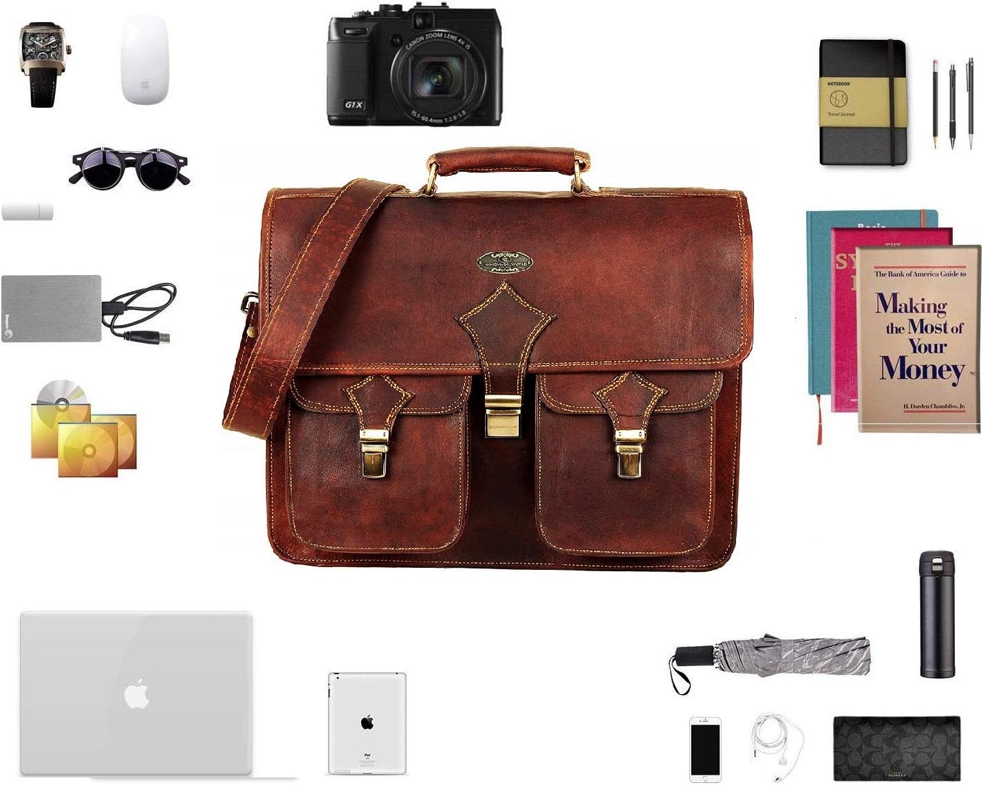 Vintage Leather Laptop Bags for Men Full Grain Large Leather Messenger bag for men 18 inches with rustic look Best leather briefcase by Hulsh
