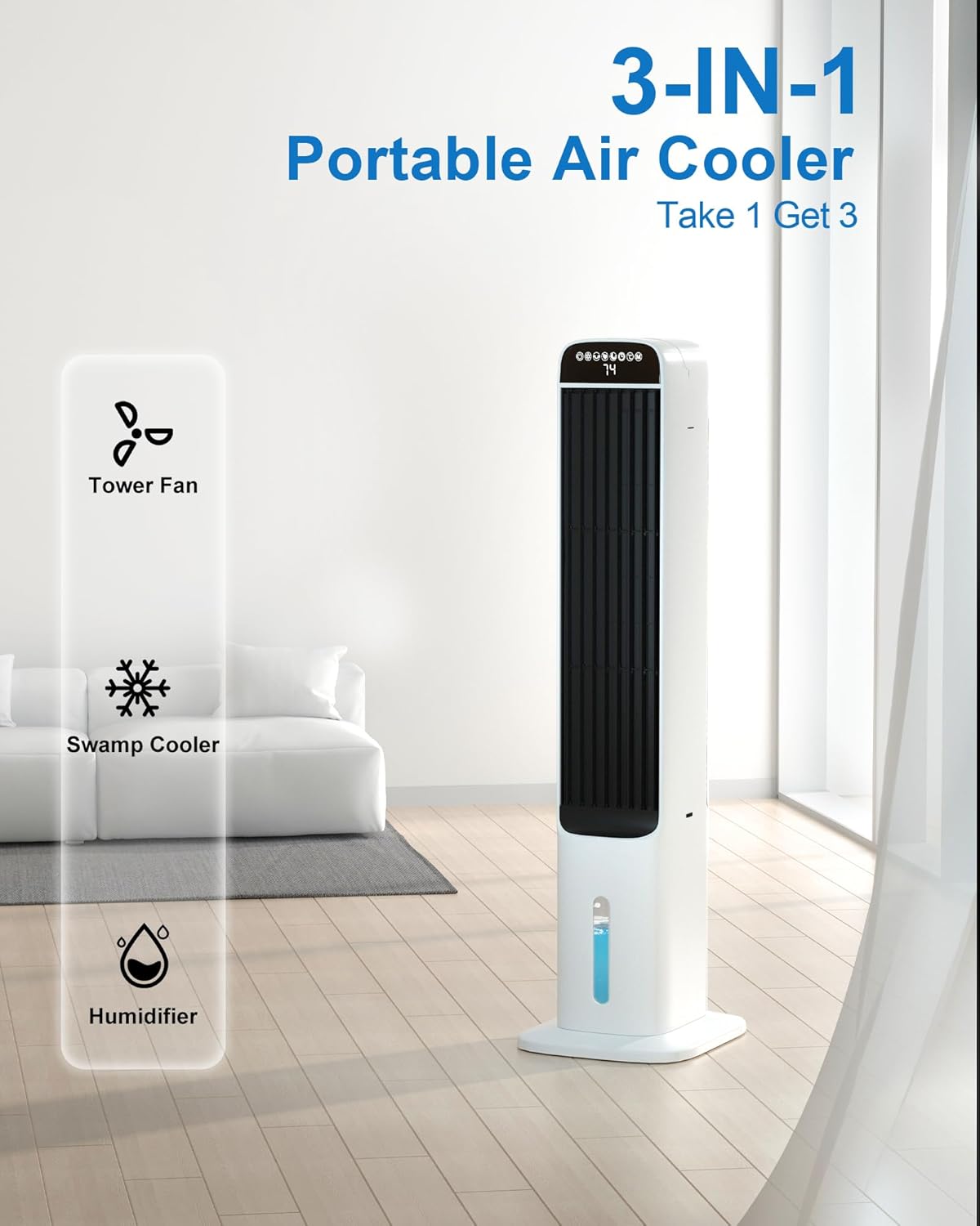 MEPTY Evaporative Air Cooler, Cooling Fans that Blow Cold Air with 84°Oscillation, 12H Timer, 3speeds&Modes, Air Cooler with Remote Control, Swamp Cooler Like Tower Fan for Bedroom, Office, Kitchen