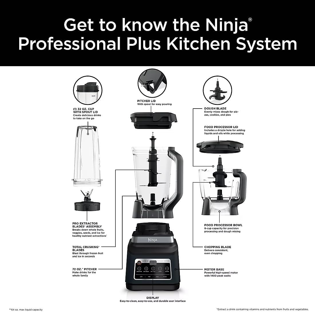 Ninja BN805A Pro Plus Kitchen System, 1400W, 5-in-1: Smoothies, Chop, Dough, Auto IQ, 72oz Blender Pitcher, 64oz Processor Bowl, 2x32oz Cups, Black
