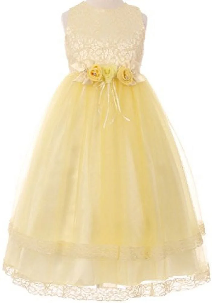Big Girls' Sleeveless Dress Lace Trim Flowers Corsage Rhinestone Easter Flower Girl Dress Yellow 8 (C50C25C) - Curated Treasures Market