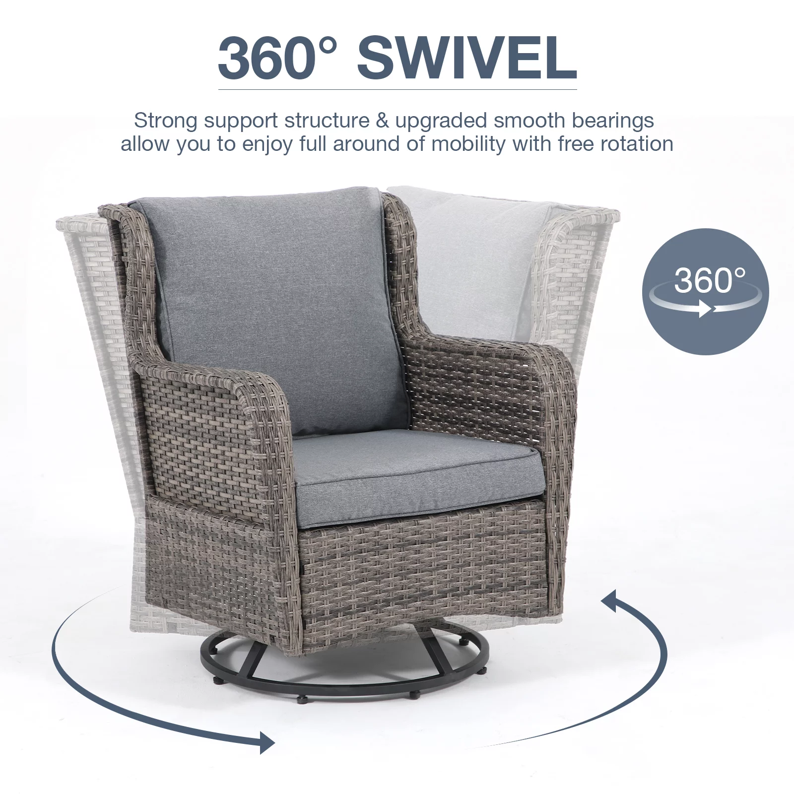 JOIVI Patio Swivel Rocker Set, Outdoor Wicker Swivel Rocking Chairs with Side Table, 3 Pieces All-weather Rattan Furniture Bistro Set with Thick Cushions, Iron Frame, Gray