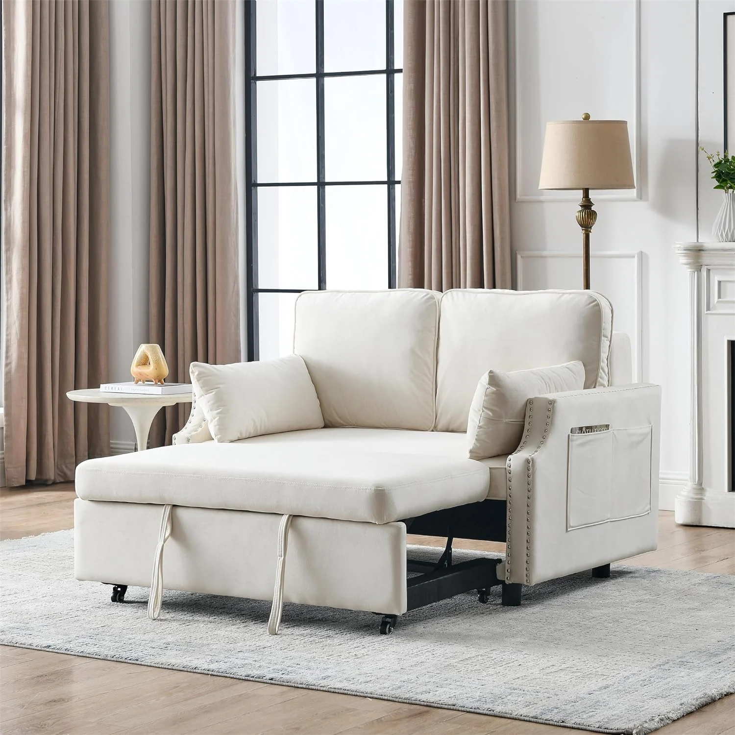 Convertible Sleeper Sofa With Pull Out Bed, 3-In-1 Velvet Small Loveseat With Nailhead Design & Side Storage Pockets, 2 Seat Loveseat Sleeper Sofa Bed For Small Space, Living Room