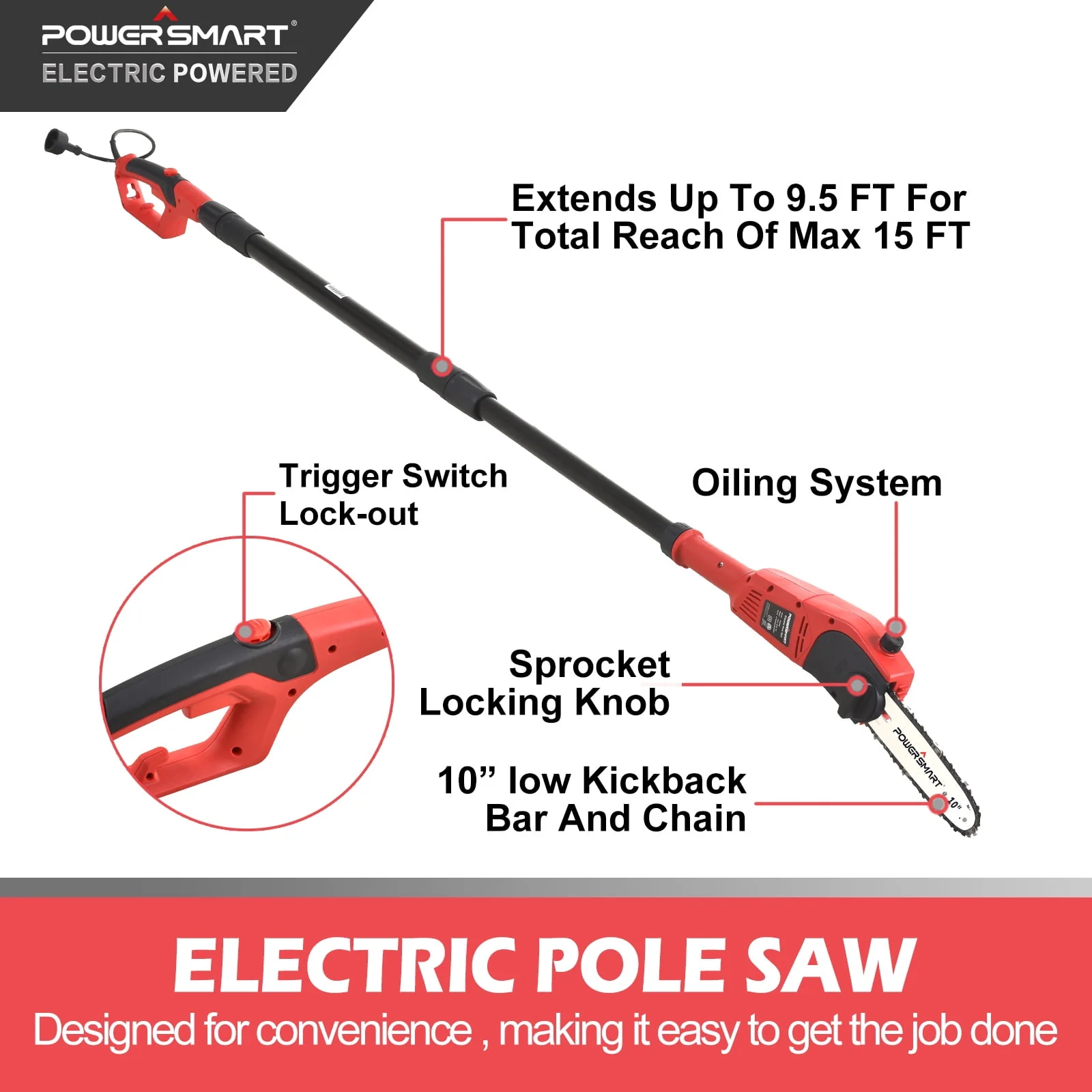 PowerSmart Corded Electric Pole Saw, for Tree Trimming with Oiling System, Reach up to 15 feet, 10-inch 7lb Pole Chainsaw