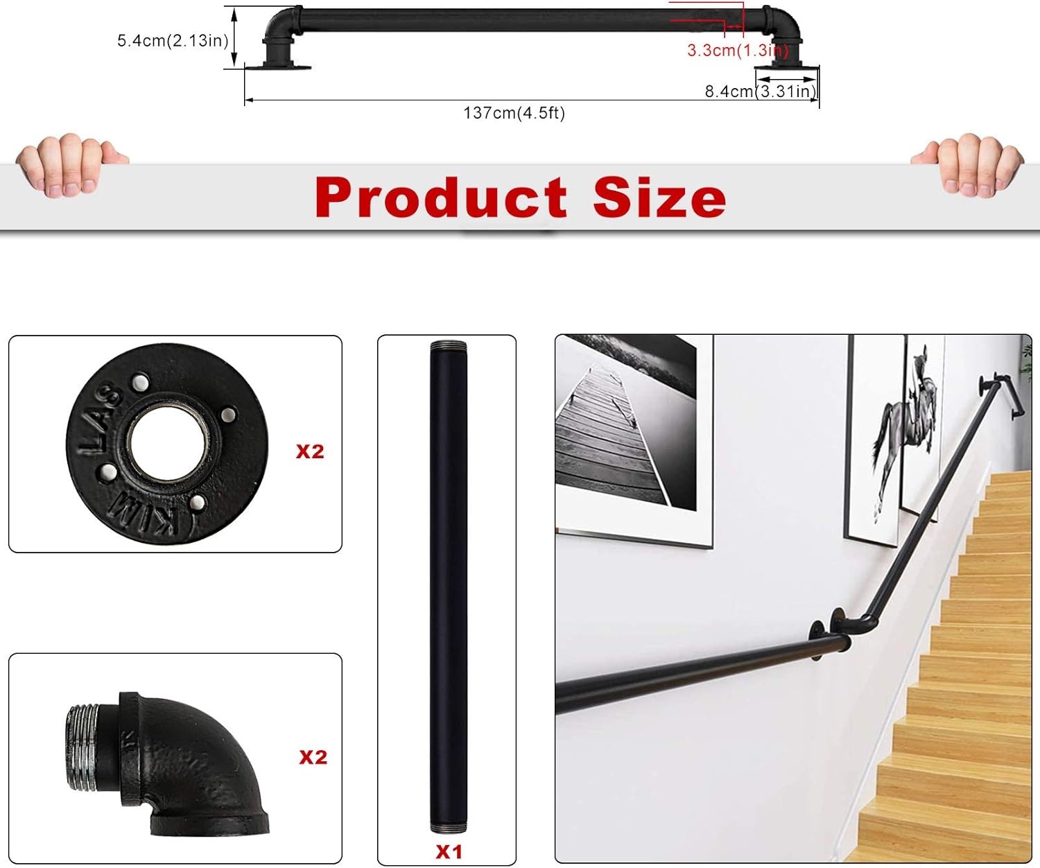 KaBenGo Hand Railings for Stairs Metal Pipe Staircase Handrail Wall Mount Decoration Rail for Outdoor & Indoor Steps Baluster Complete Kit/Easy to Install Banister (Satin Black) (3ft), 3 Feet