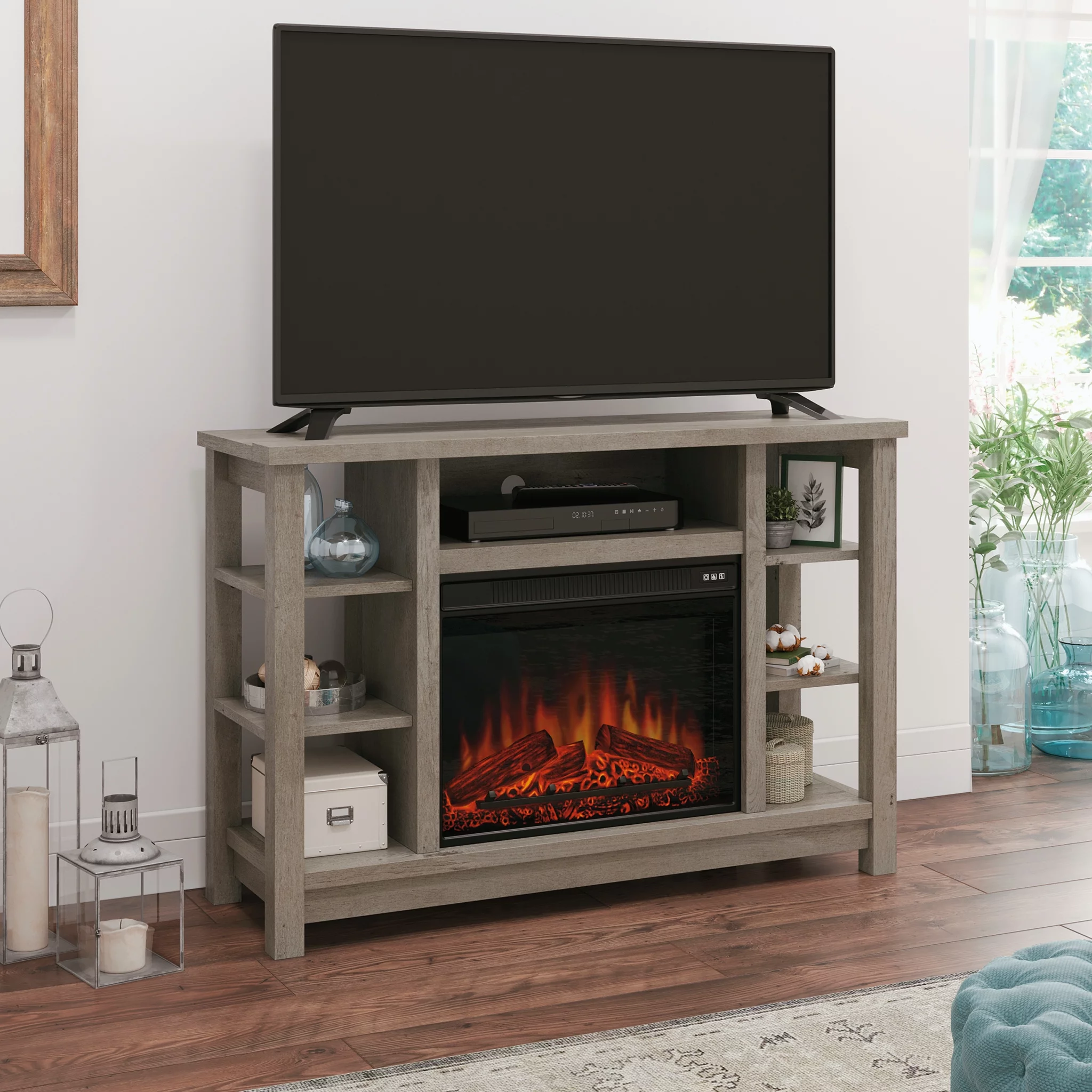 Sauder TV Stand with Electric Fireplace & Storage for TVs up to 50", Mystic Oak Finish - Curated Treasures Market