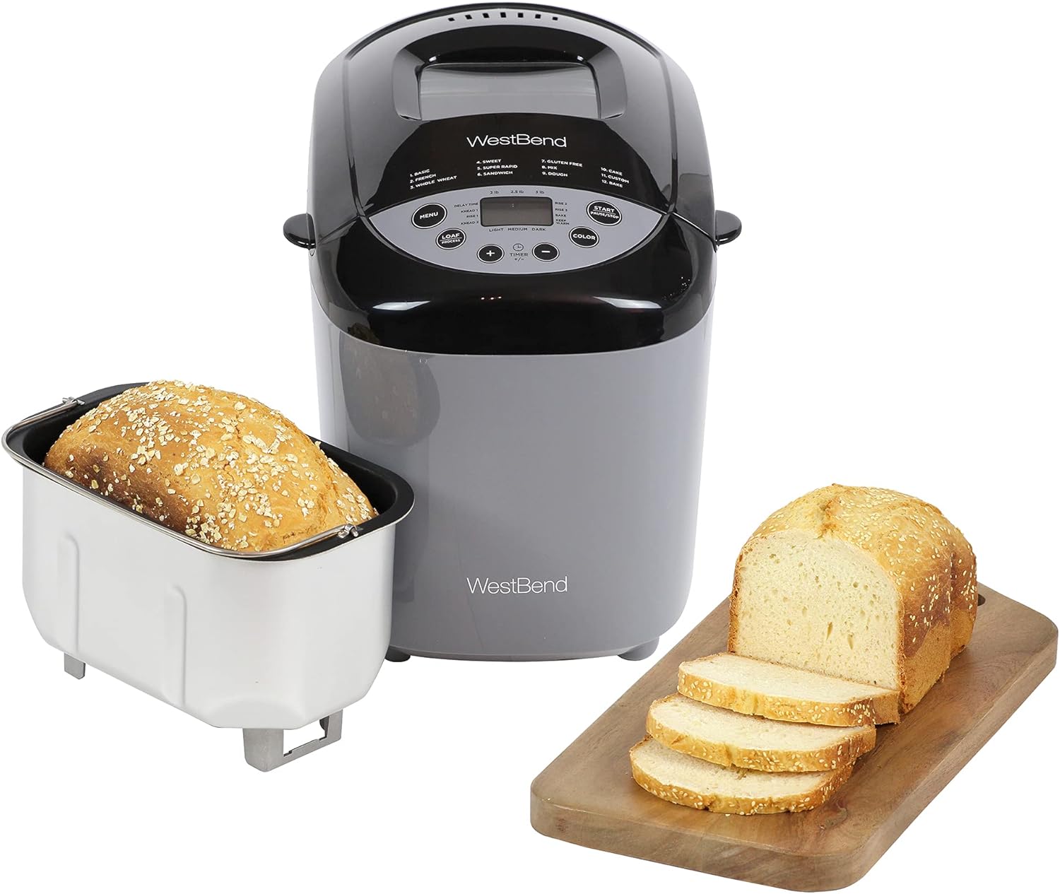 West Bend Hi-Rise Bread Maker Programmable Horizontal Dual Blade with 12 Programs Including Gluten Free, 3-Pound, Gray