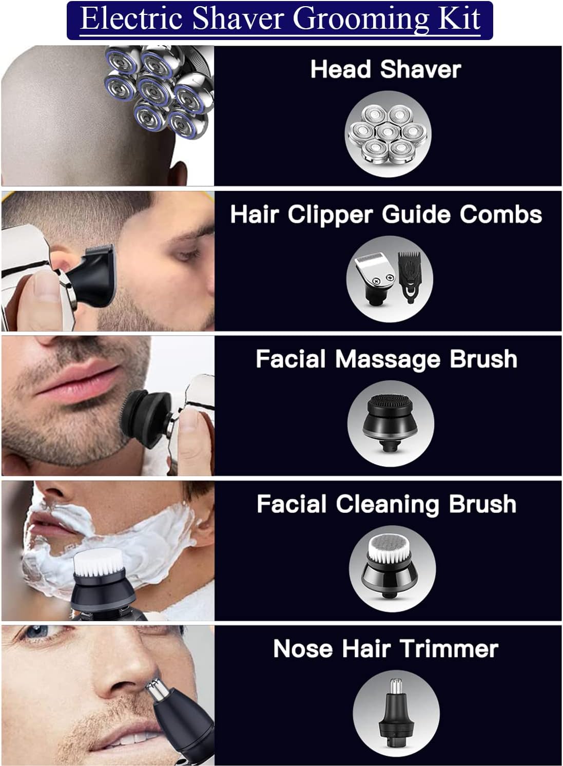 5-in-1 Electric Head Shaver for Bald Men - Rotary Design Head Shavers - Electric Men's Grooming Kit - with Rotary Blades, Clippers, Nose Trimmer, Brush, Massager - Cordless, and Rechargeable Pack of 2