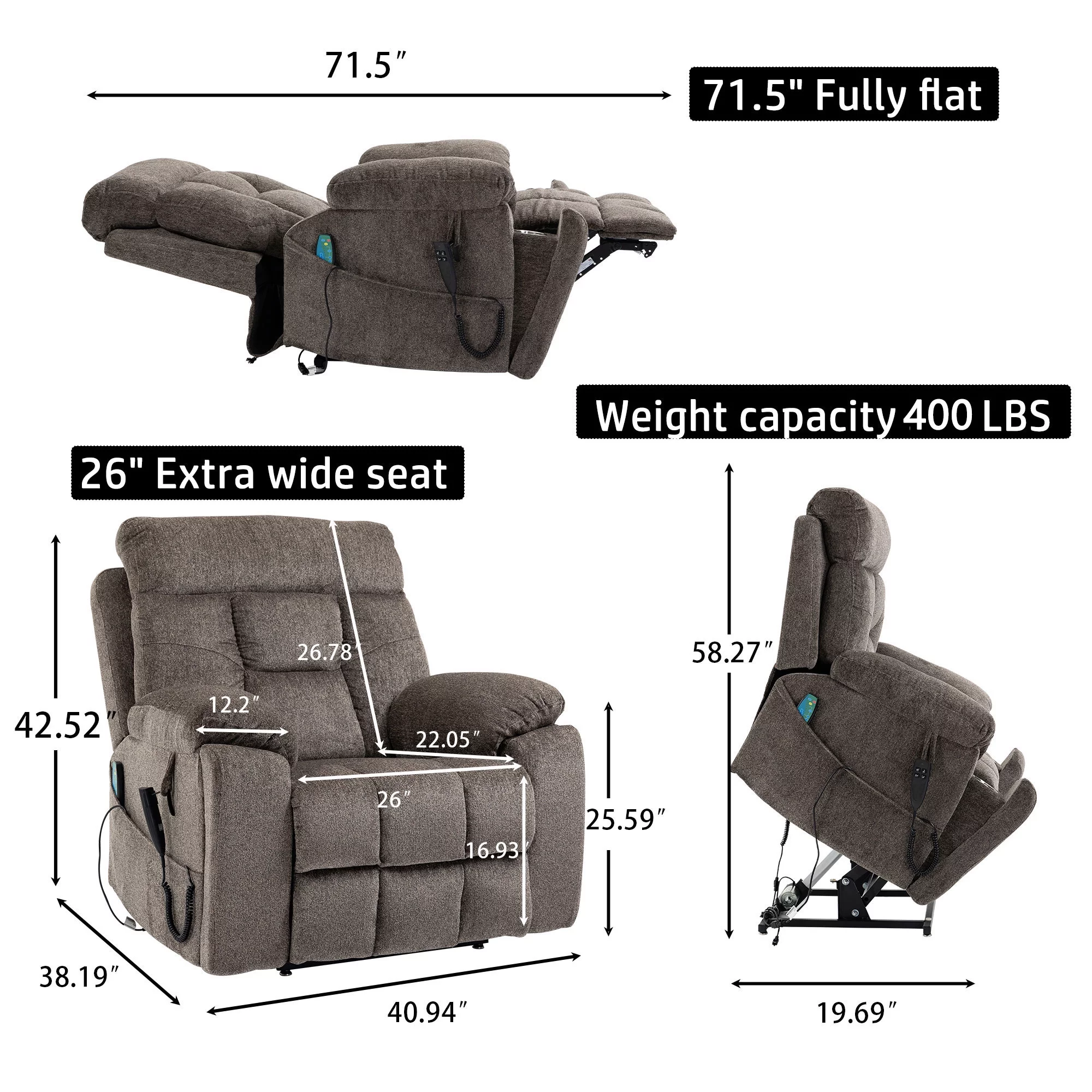 Oversized Power Lift Recliner Chair with Massage and Heat for Elderly, 180° Big Man Dual Motor Lift Recliner, Large Electric Recliner Chair with 2 Cup Holders,Side Pocket,Single Rocker Sofa 400lbs