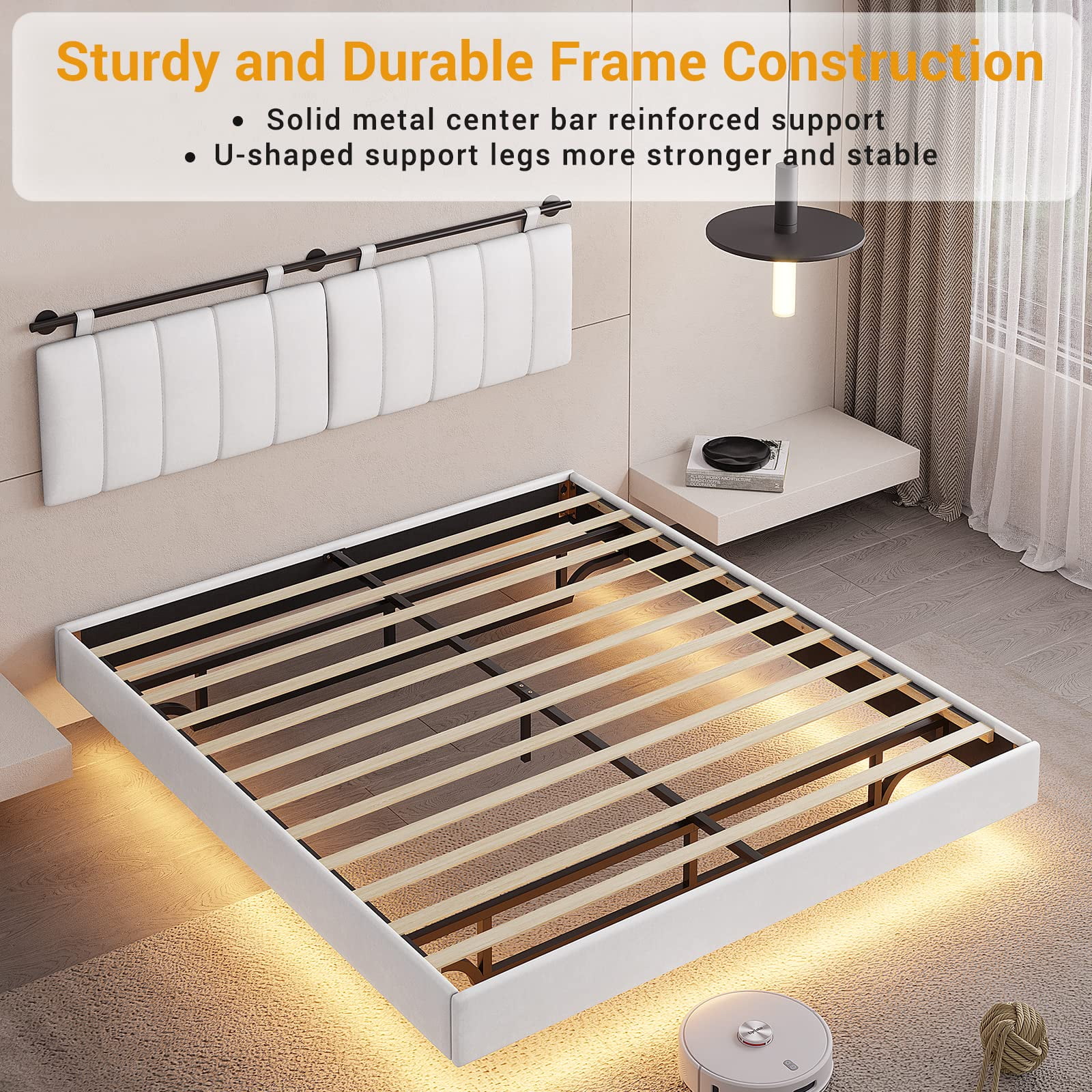 Afuhokles LED Floating Queen Bed Frame with Wall Mounted Headboard and Led Lights, Platform Bed Frame with Upholstered Headboard, Faux Leather Fabric, No Box Spring Needed, White