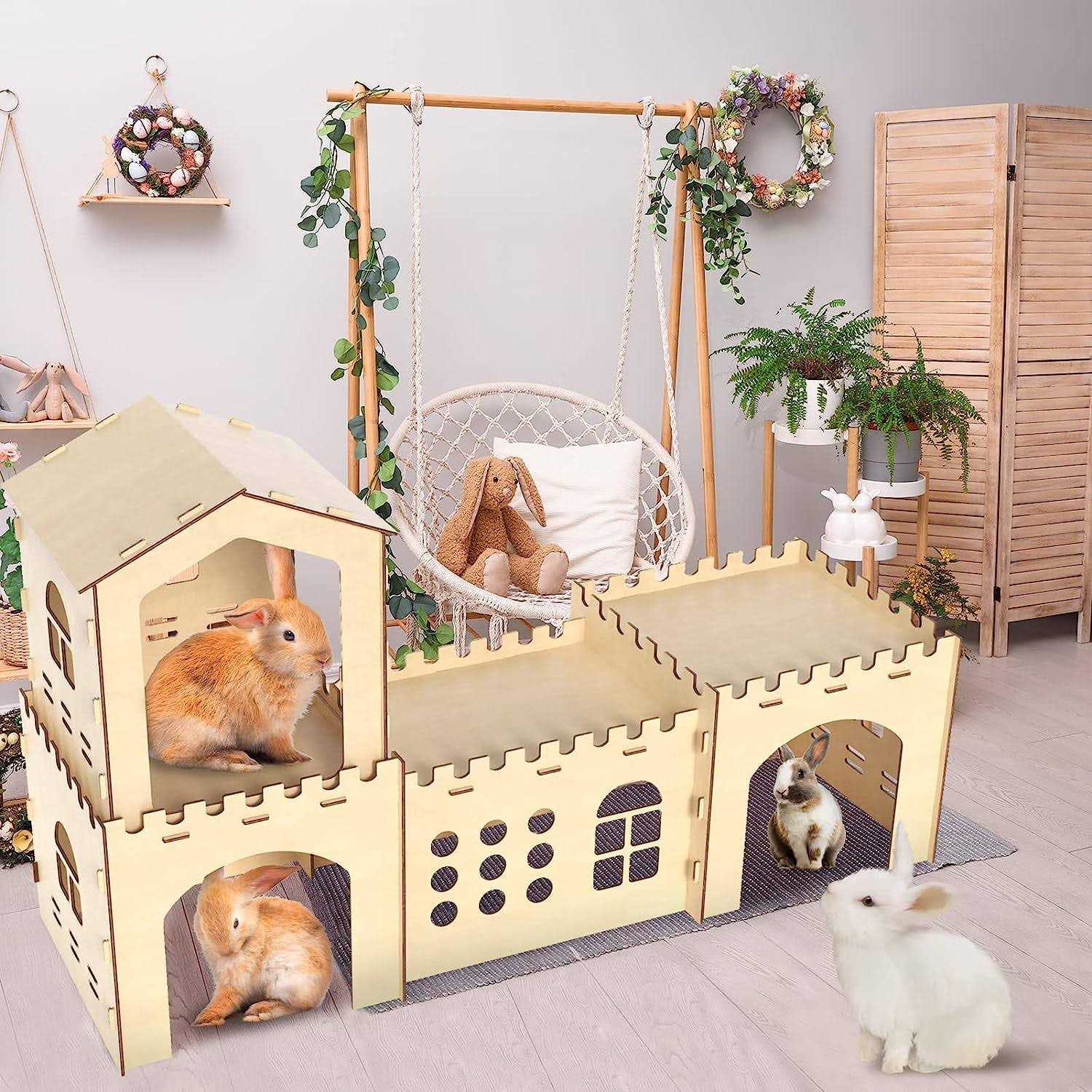 Extra Large Rabbit Hutch, Wooden Rabbit Houses and Hideouts Large Wooden Rabbit Castle Bunny Hideout - Pet Supplies online store