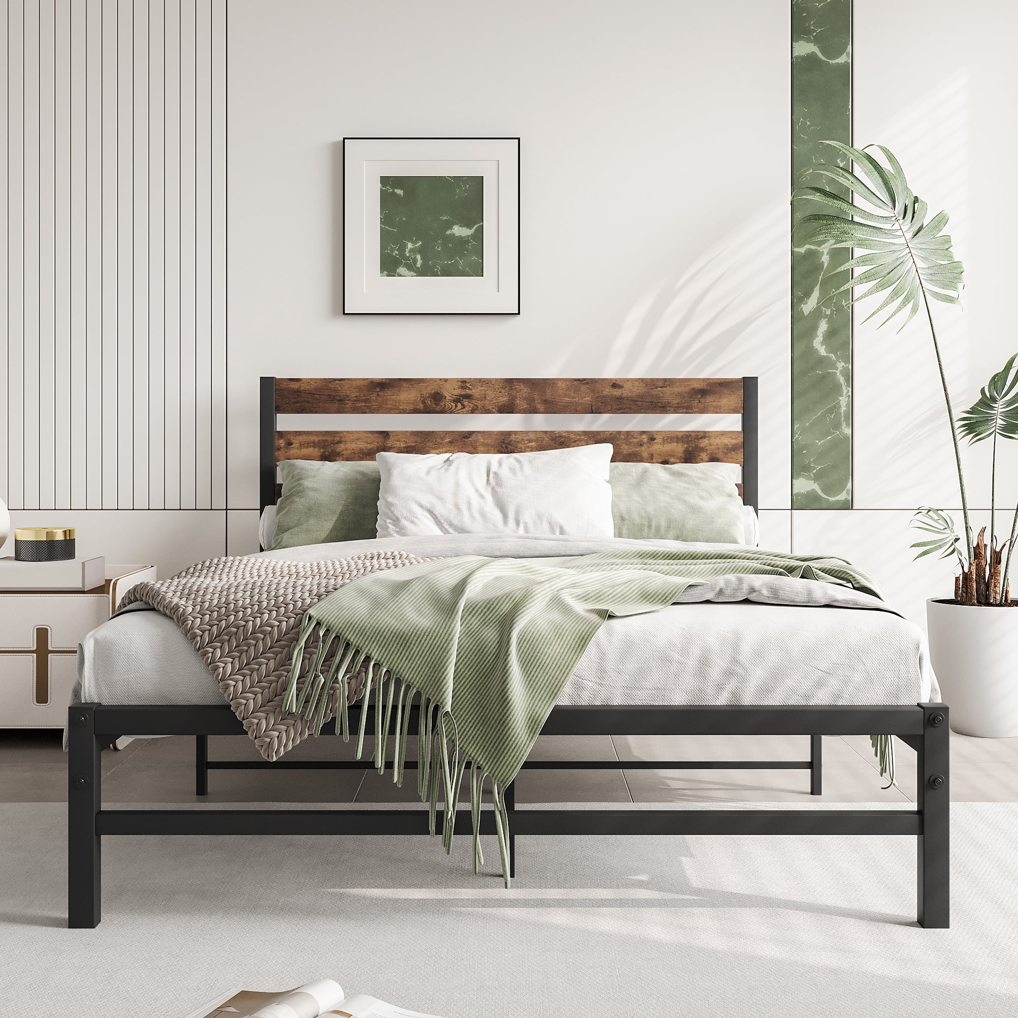 Gewnee Full Size Platform Bed Frame with Wood headboard, Rustic Country Style Mattress Foundation,Brown
