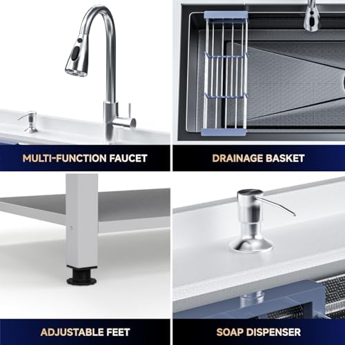 Stainless Steel Utility Sink,24" FreeStanding Laundry&Utility Room Sinks with Cold and Hot Water Faucet,Hoses and Drain Kit Commercial Single Bowl,Laundry Sink for Kitchens, Garage (24x18x36 Black)