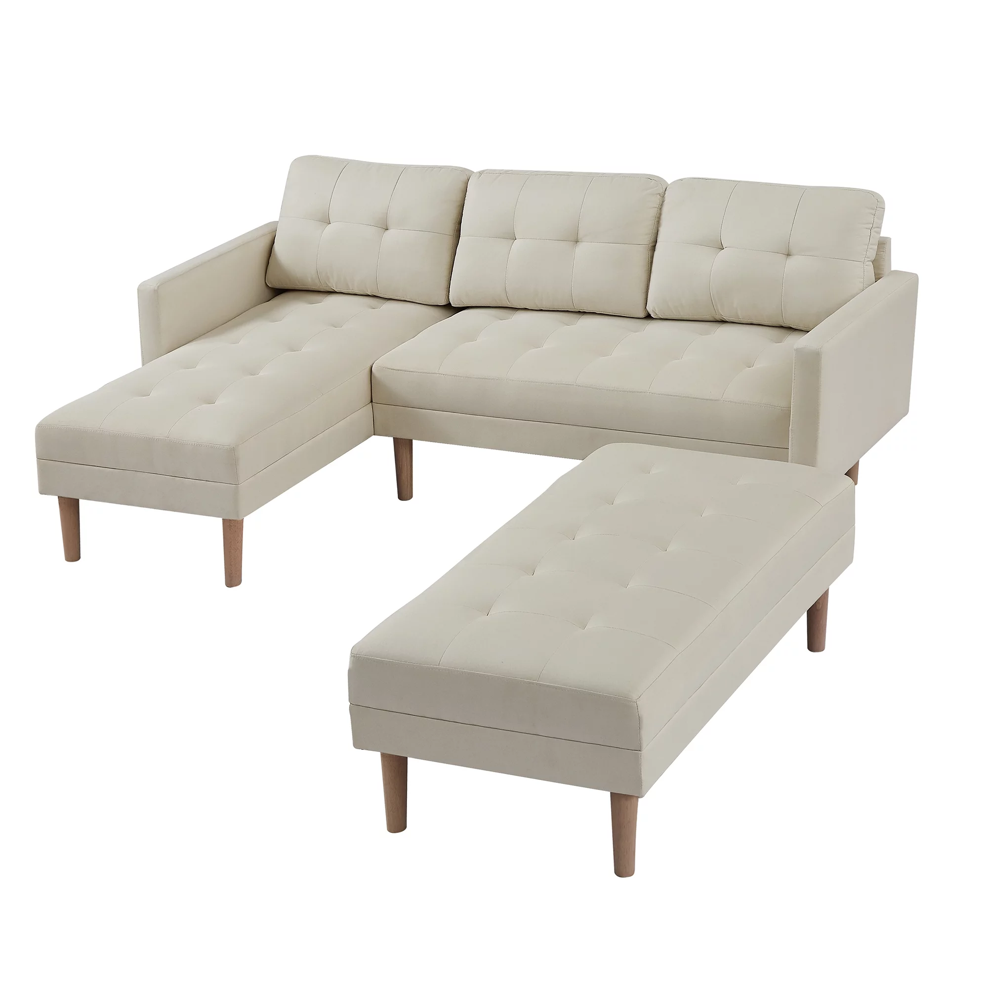 Sleeper Sofa Bed Reversible Sectional Couch with Bench, Modern L Shaped Couch for Living Room,Fabric Beige