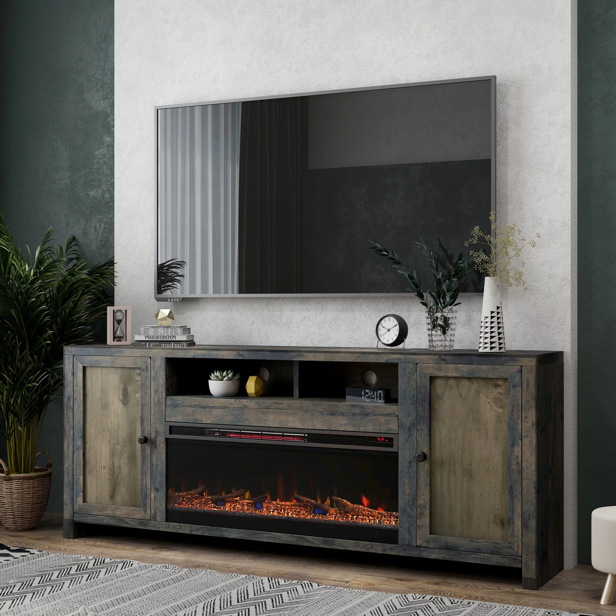 BVH 85 inch Fireplace TV Stand for 75 inch Tv's , Rustic, No Assembly Required, Solid Wood and Veneers, Barnwood