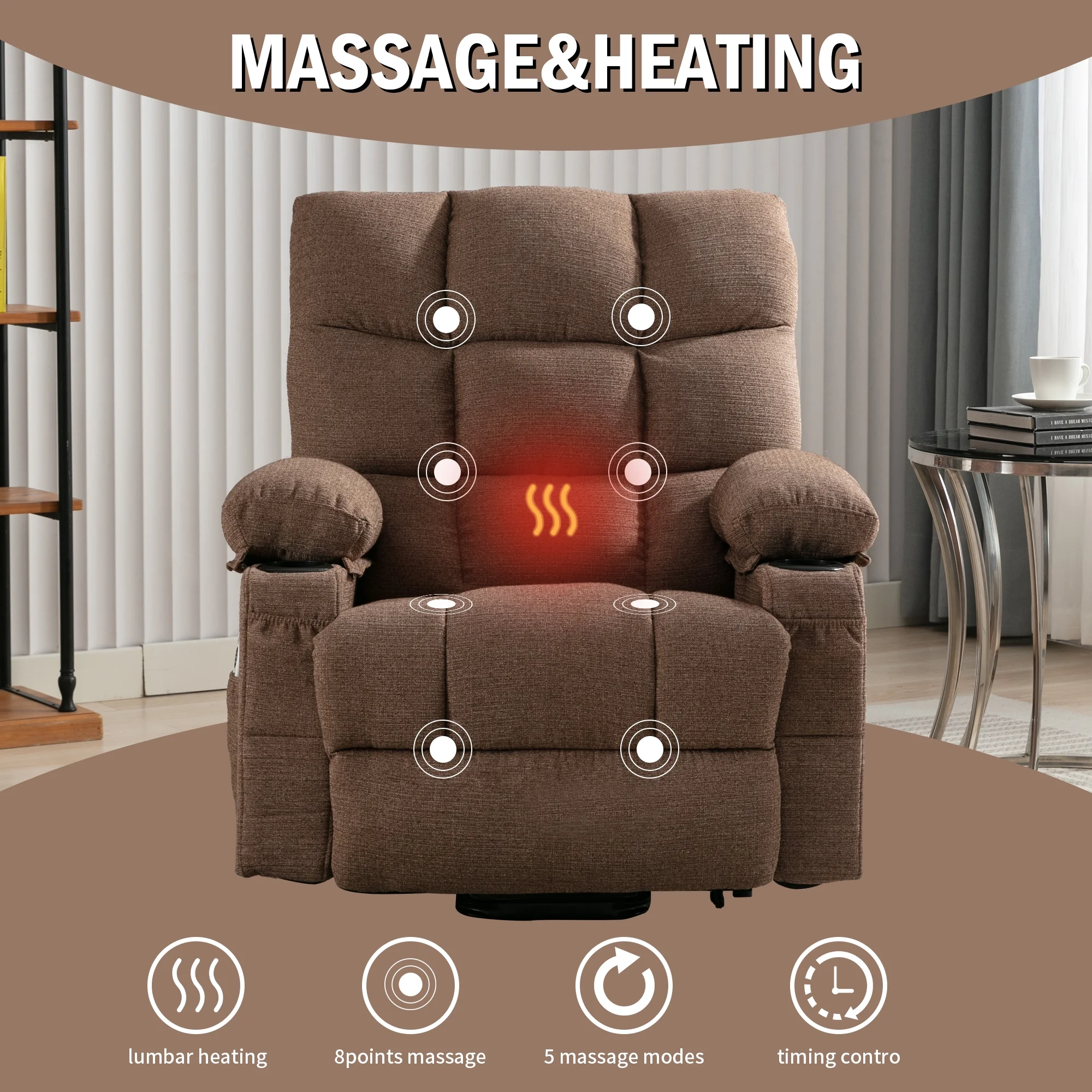 Power Lift Recliner Chair, 23in Wide Large Recliner Chair for Elderly with Massage and Heating, Electric Massage Lift Recliner Chair with Cup Holder, Pocket, USB Port, 330lbs Weight Capacity, Brown - Curated Treasures Market