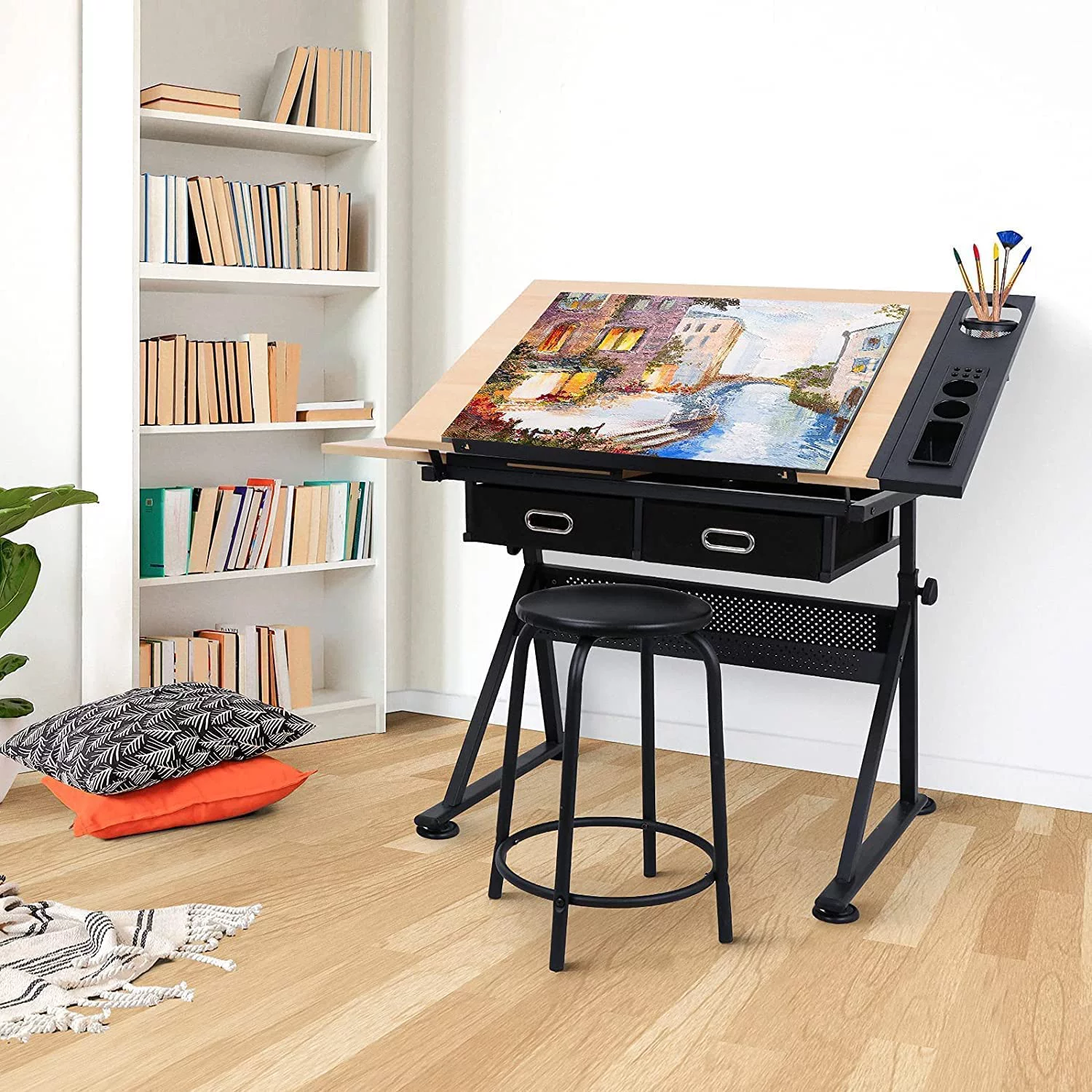 MDF Drafting Table Desk Art&Craft Work Station Drawing Desk Height Adjustable Craft Table w/Stool and 2 Storage Drawers for Home Office School Study Room