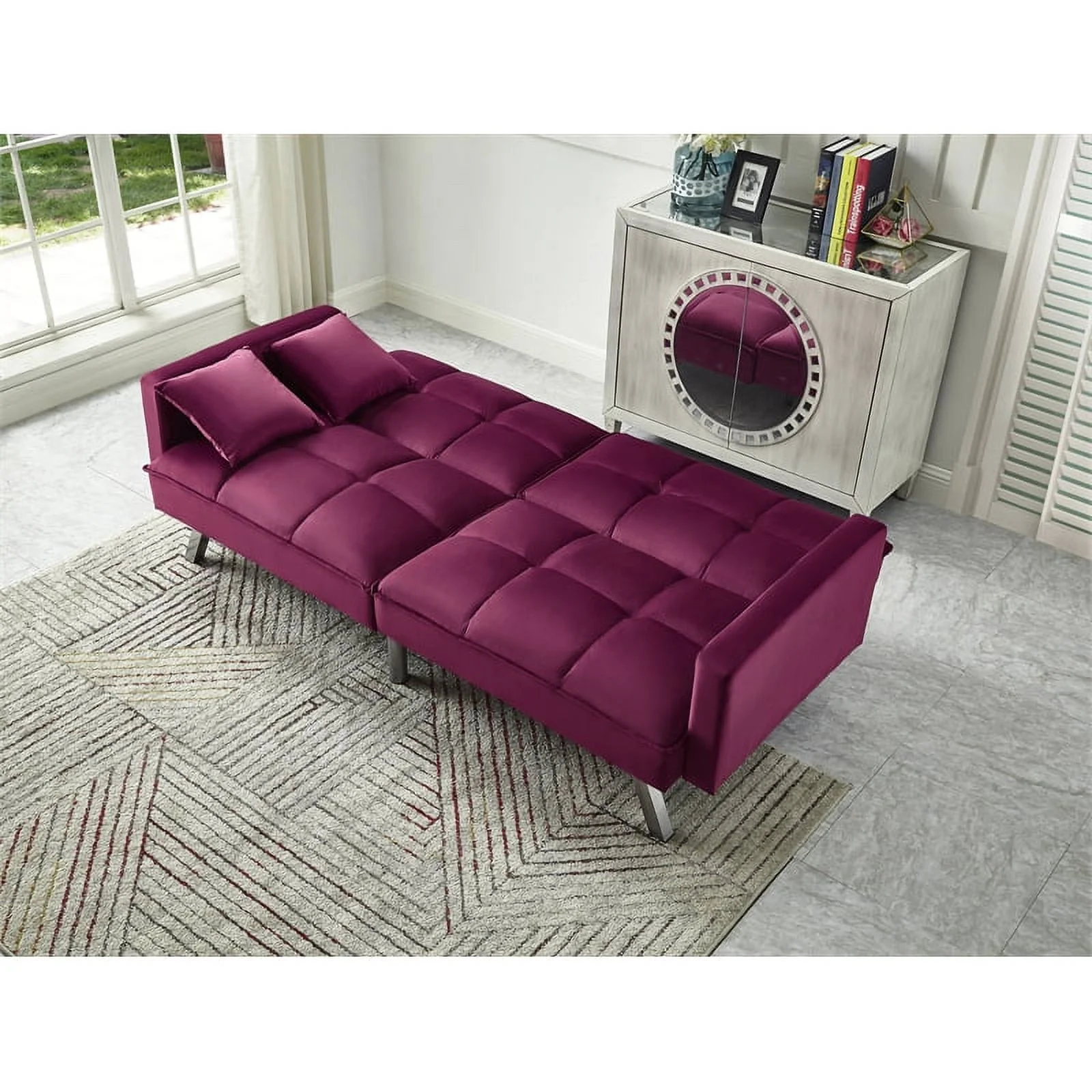 Legend Vansen 80" Convertible Wood & Velvet Fabric Sleeper Sofa Bed in Red