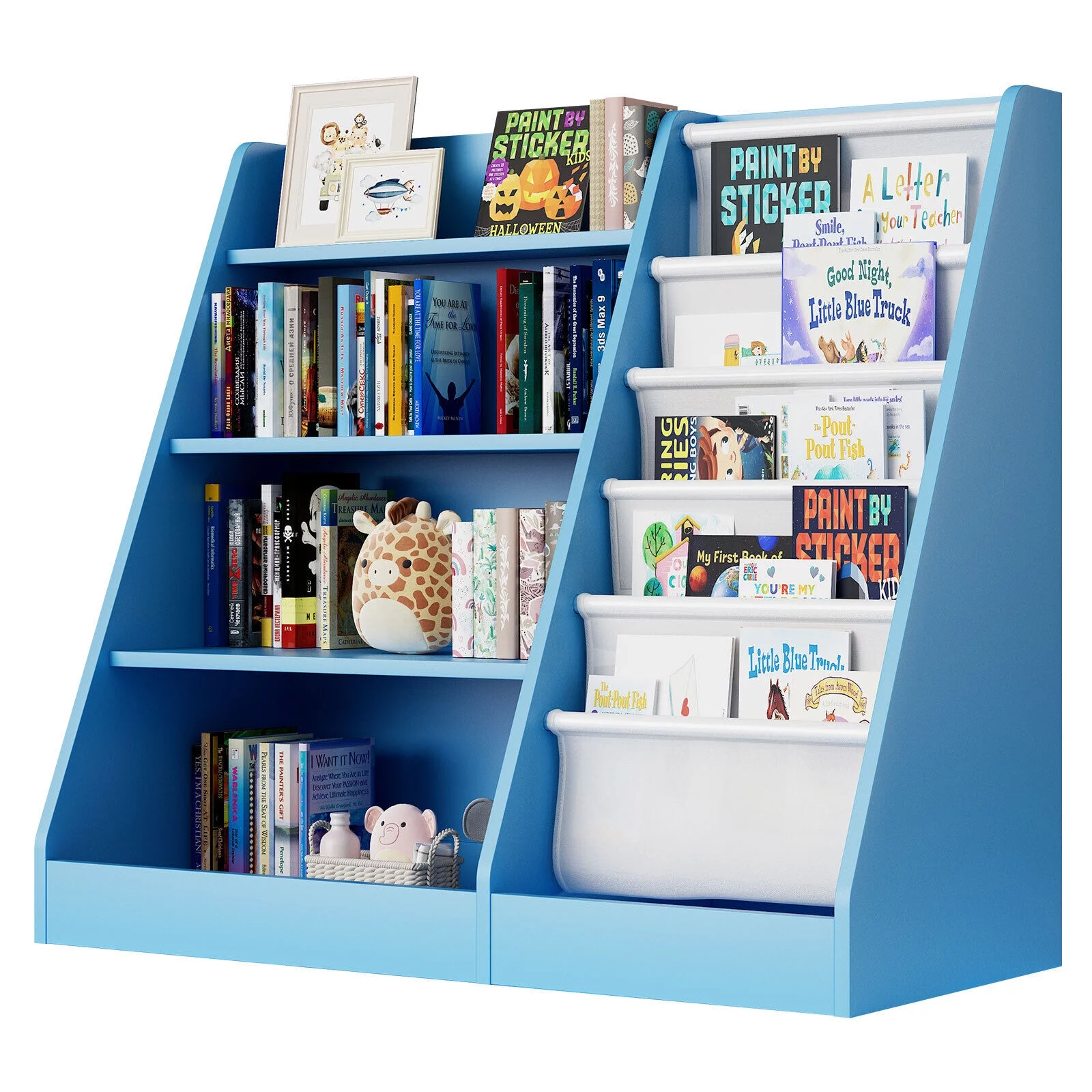 Kids Wooden Bookshelf,5-Layer Sling Bookcase,Storage Display Rack Toy Organizer Cabinet,for Kids Toddlers,Bedroom,Nursery,Blue