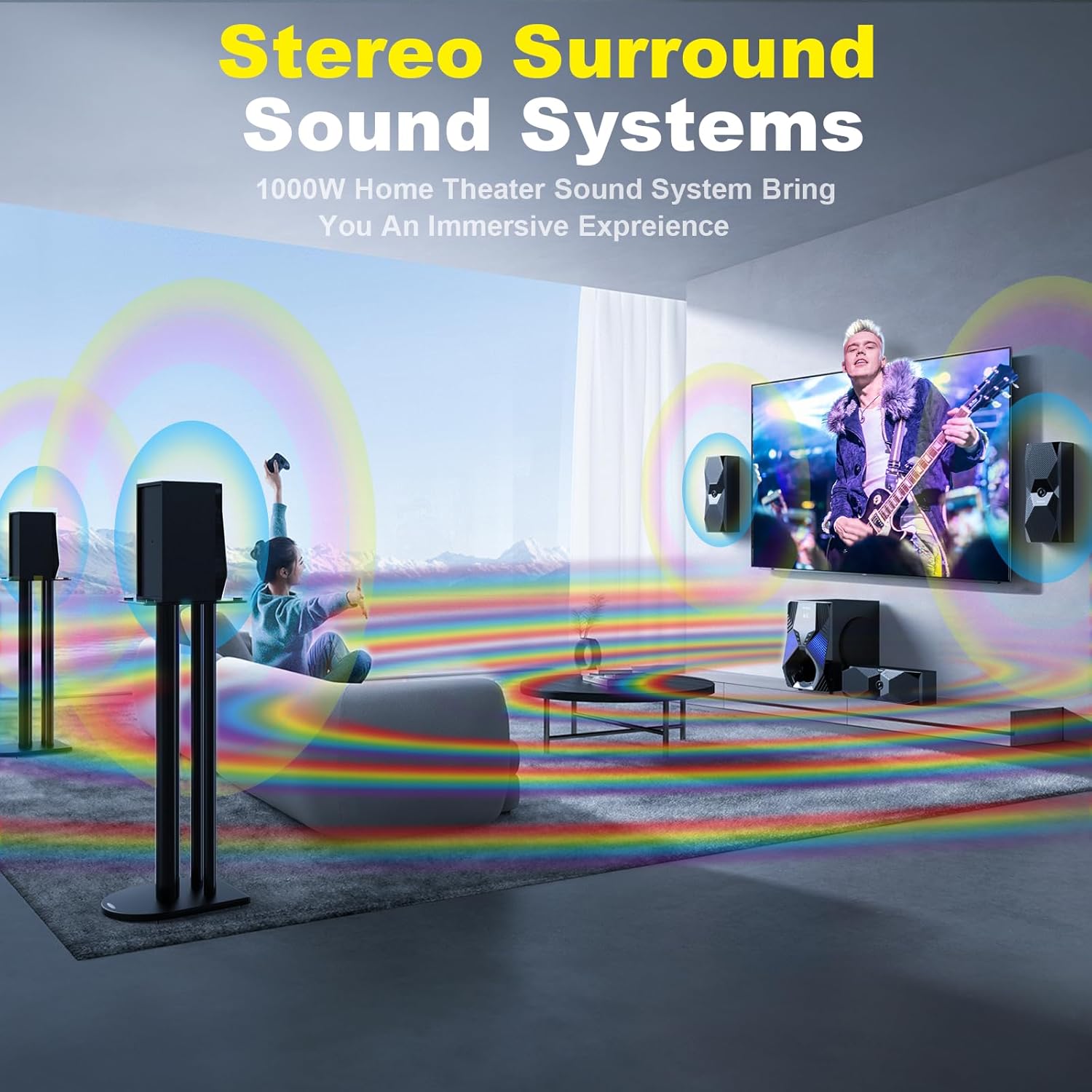 Bobtot Home Theater Systems Surround Sound System for TV - 1000W 8" Subwoofer with Bluetooth HDMI Optical AUX COA Input RGB Lights Deep Bass 5.1/2.1 Stereo Sound Wired Satellite Speakers