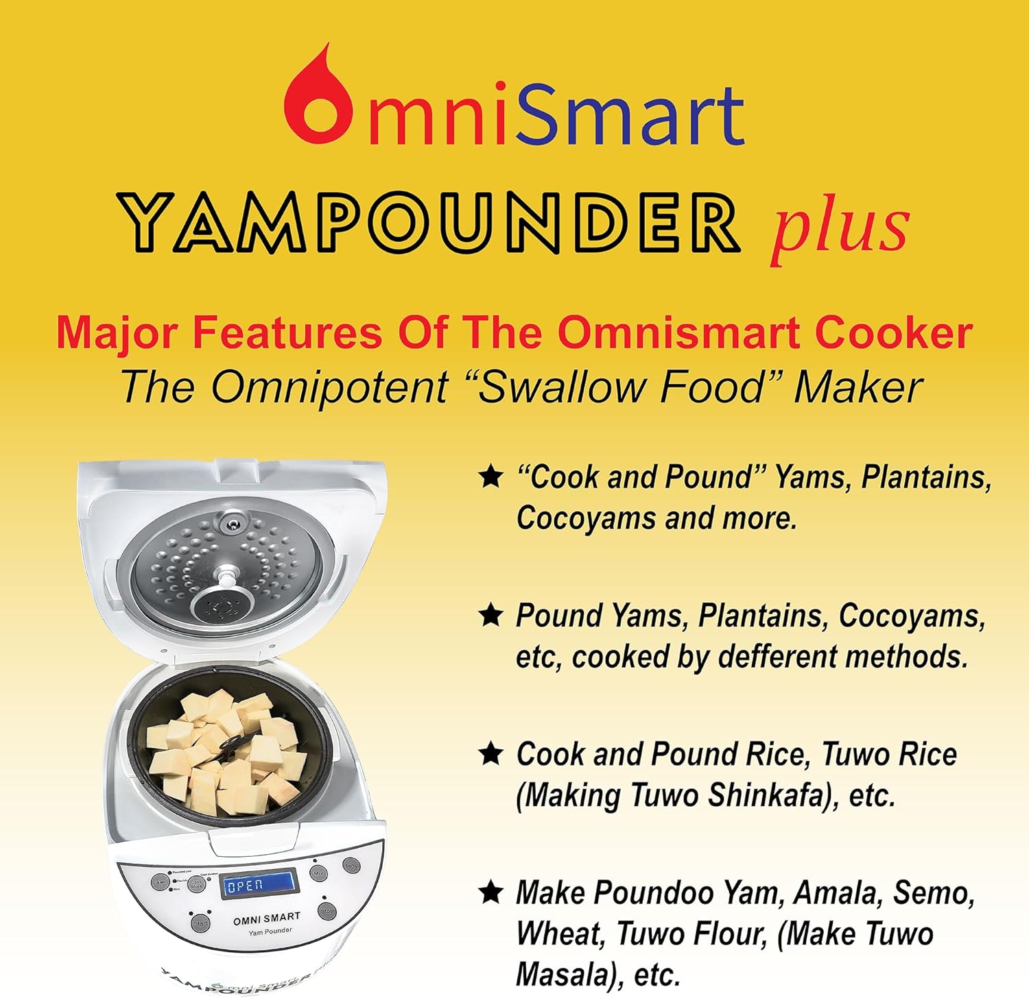 COOK AND POUND YAMPOUNDER Fufu Machine, 3L 700W Electric African Food Cooker to Make Pounded Yam, Poundoo Yam, Plantians, Cocoyams, Amala & Garri