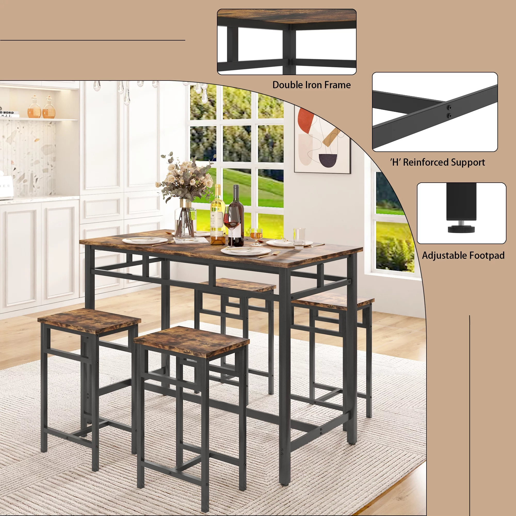 5 Piece Dining Table Set, Modern Pub Table Set with 4 Stools, Counter Height Bar Table Set, 4-Person Home Dining Table and Stools Set, Kitchen Table Set for Breakfast, Rustic Brown, D8997