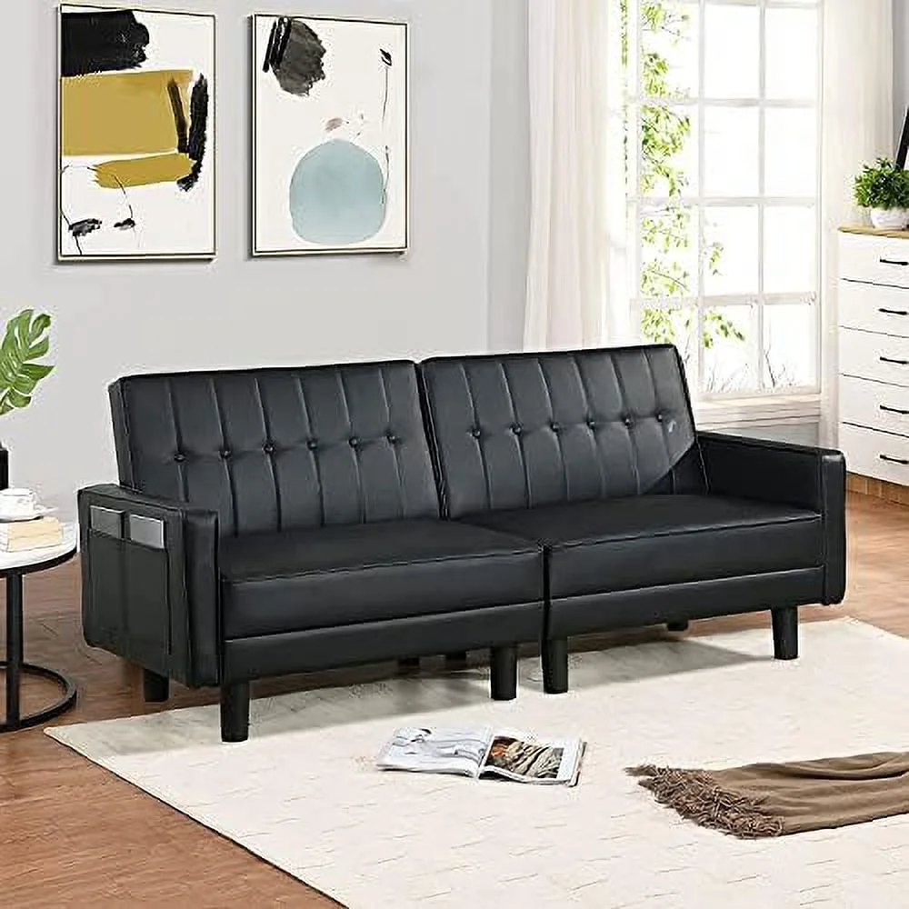 NLIBOOMLife Futon Sofa Bed Couch and Sleeper Sofas for Living Room  Faux Leather Convertible Folding Sofa Bed Couch and Loveseat for Small Space with Side Pockets Armrest and Sturdy Legs