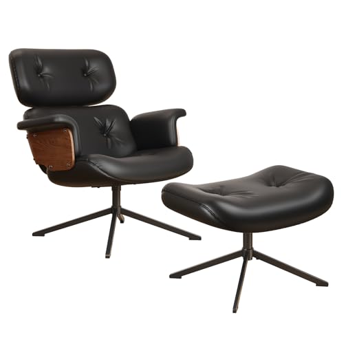 Mid Century Recliner Swivel Chair with Ottoman, Ergonomic Armchair with Comfy Cushion, Walnut Wood Base, PU Leather, Heavy Duty Support for Living Room, Black