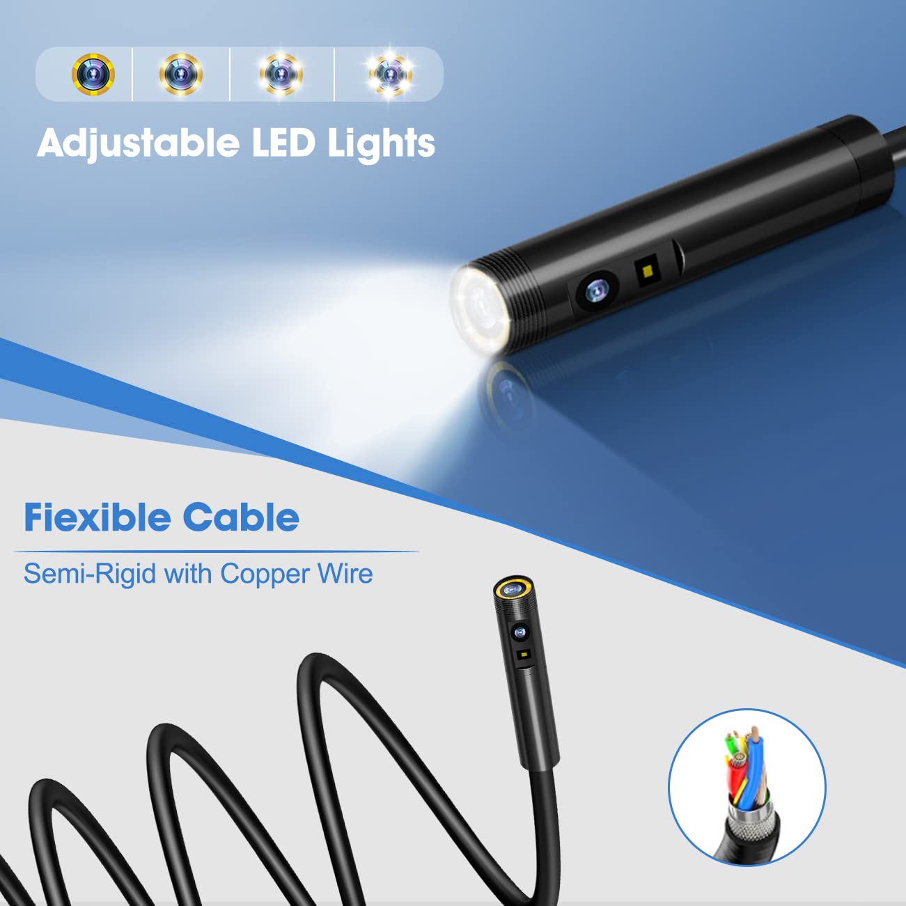 Hiacinto Triple Lens Endoscope Camera, 5 Inch IPS Screen Borescope Inspection Camera, IP68 Waterproof Snake Camera with 8 LED Lights and 32GB Card, 16.5ft Semi-Rigid Cable