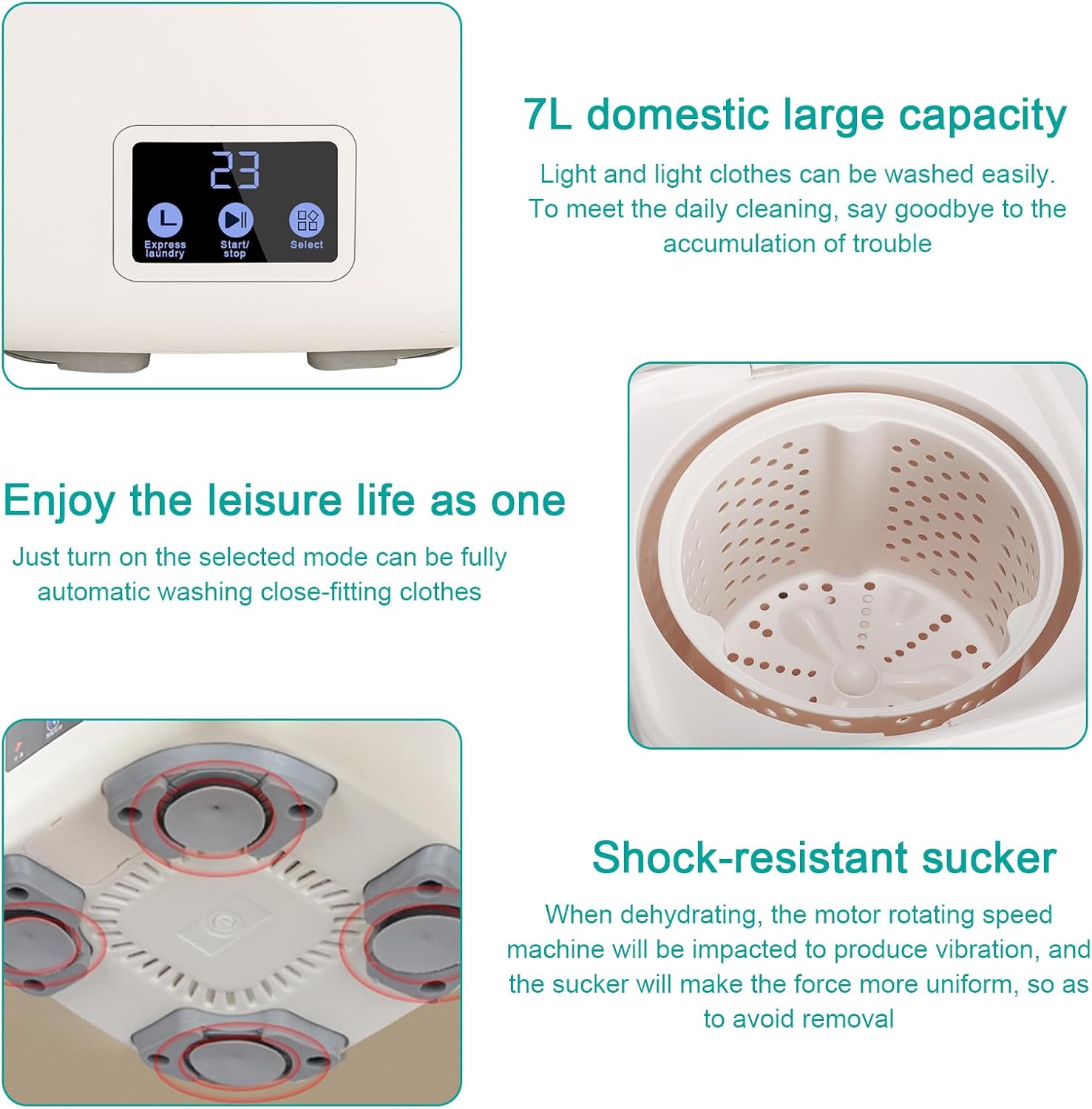 Fully Automatic Small Washing Machine, Mini Washer 7L Capacity with 3 Modes Deep Cleaning for Underwear, Baby Clothes, Small Items, Portable Washing Machine for Apartments, Camping, Travel (Beige)