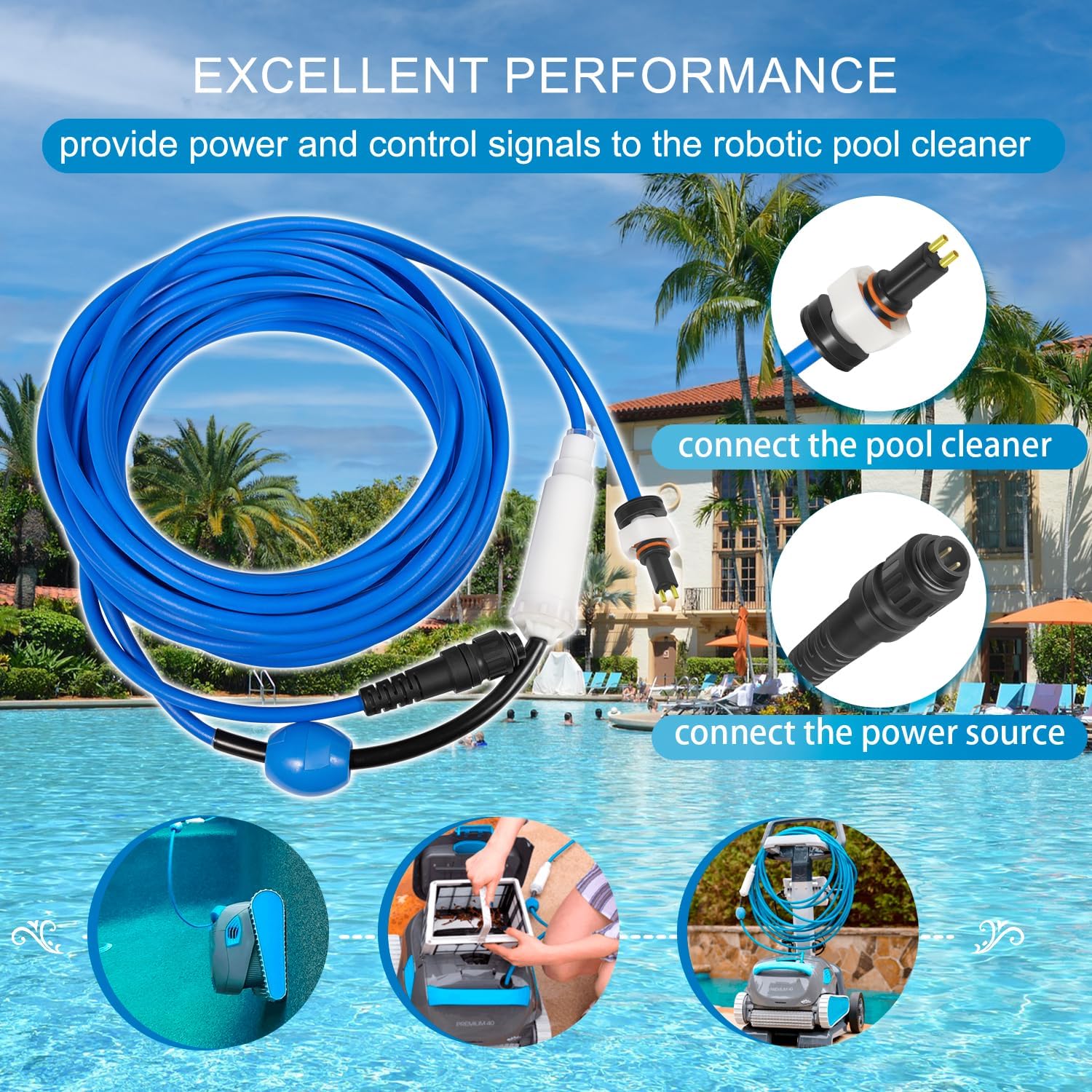 99958907-DIY Cable and Swivel- 2 Wire - for Dolphin Robotic Pool Cleaners Active 20, Advantage Ultra, Discovery, Explorer E30, Proteus DX4, Quantum, S200, T35, Triton PS - 18M(60ft)