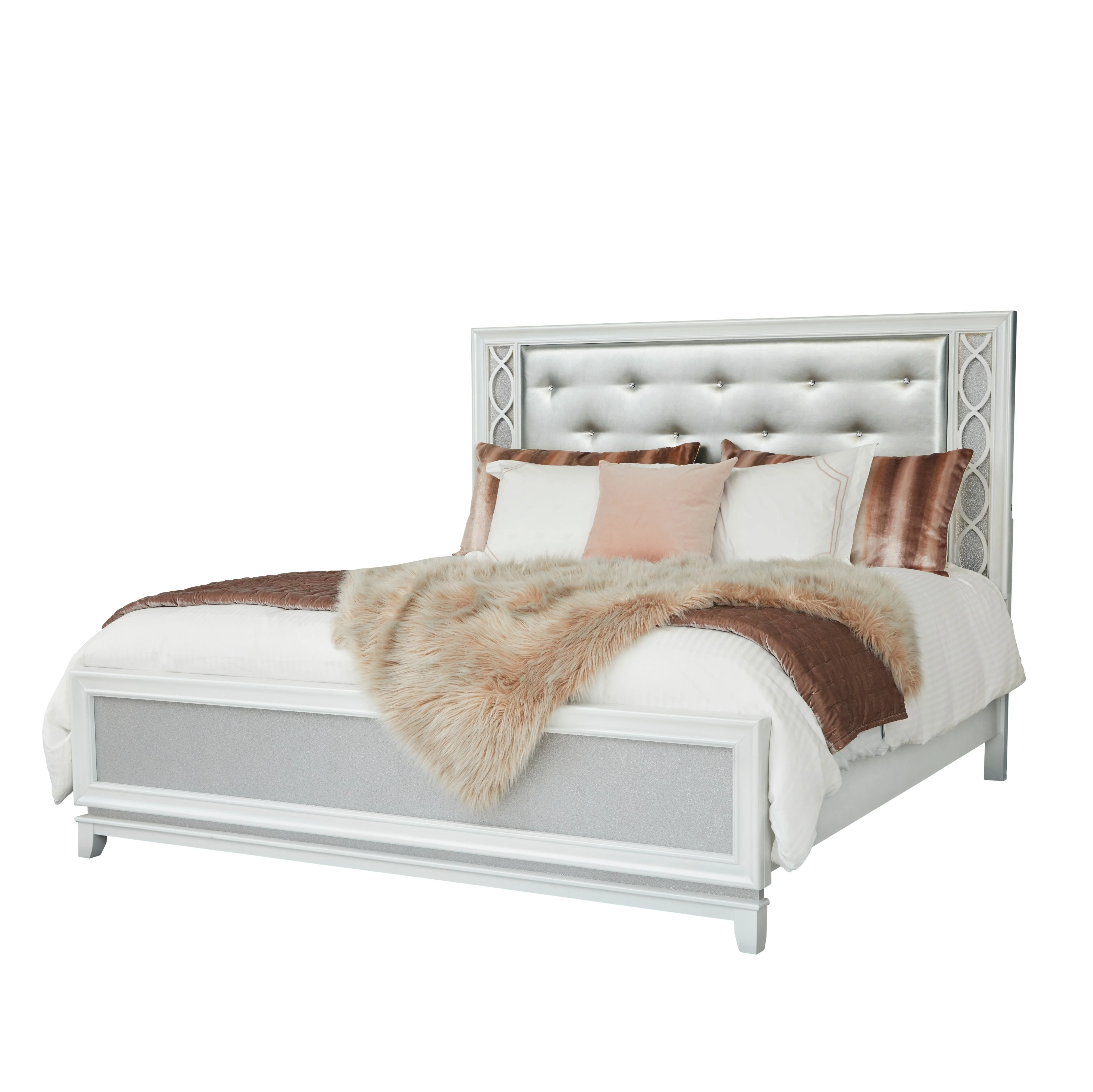 Roundhill Furniture Galaxy 4-Piece Bedroom Set with LED Lights, Tufted Bed, Dresser, Mirror, and Nightstand in Pearlized White, Queen