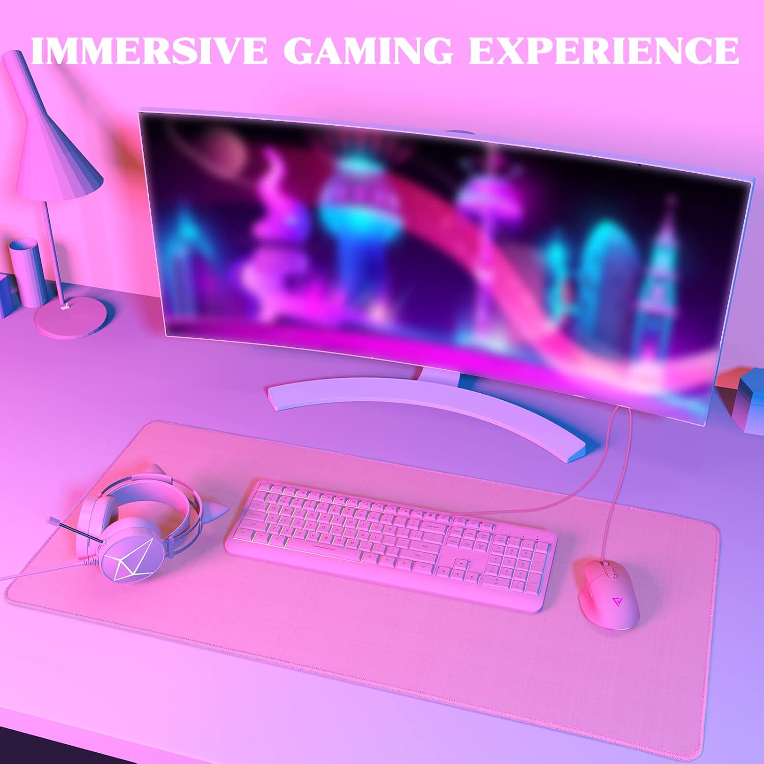 Pink Keyboard and Mouse, Cat Ear Headset & Mouse Pad(35x15 in) Combo, RGB Gaming Mice with 6400DPI, Gaming Headphones with Noise Cancelling Mic for Gamer/Live Streamer, Rainbow Backlit Keyboard