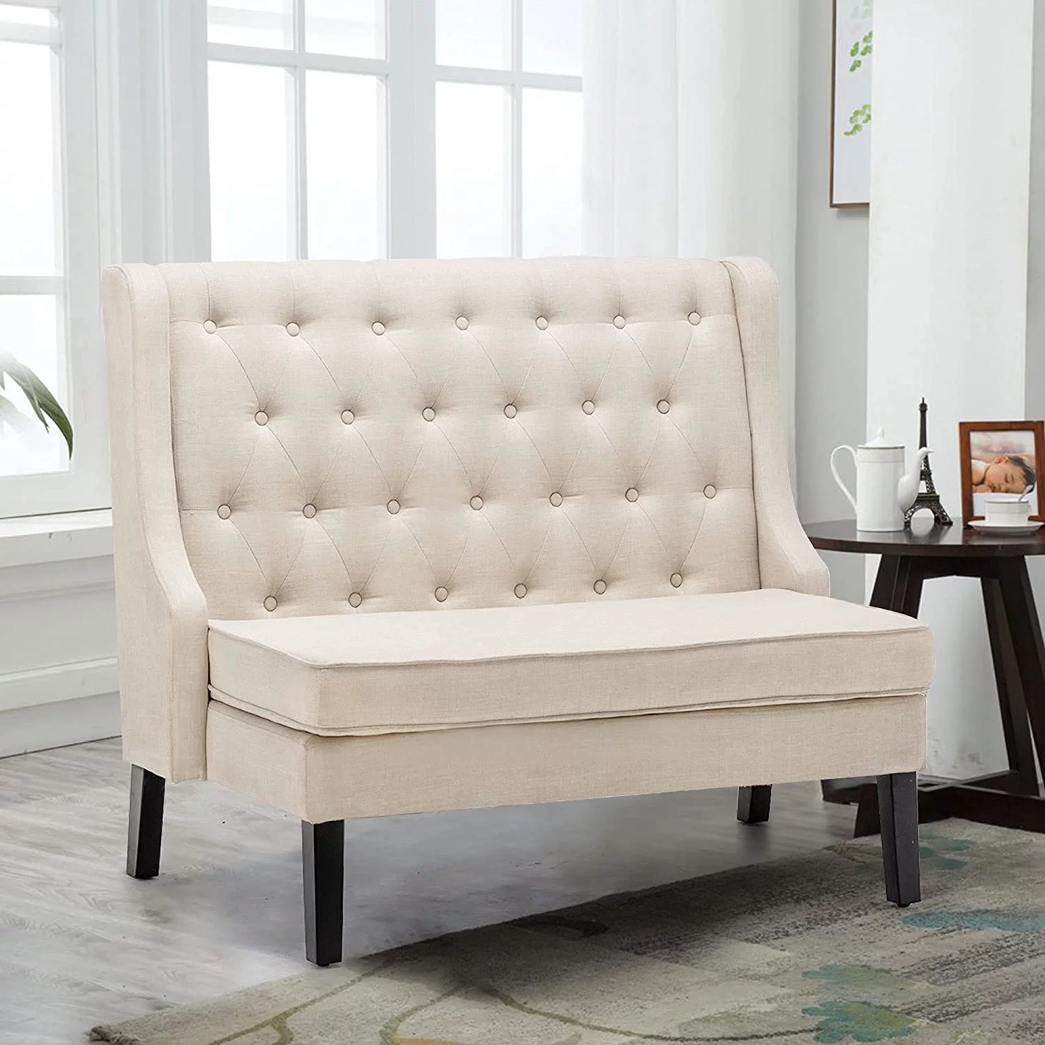 Loveseat Settee Bench with Natural Rattan Arms,Upholstered Modern High-Back Mini Sofa Couch,Banquette Dining Bench for Living Dining Room Bedroom Office Small Space Entryway,Light Grey