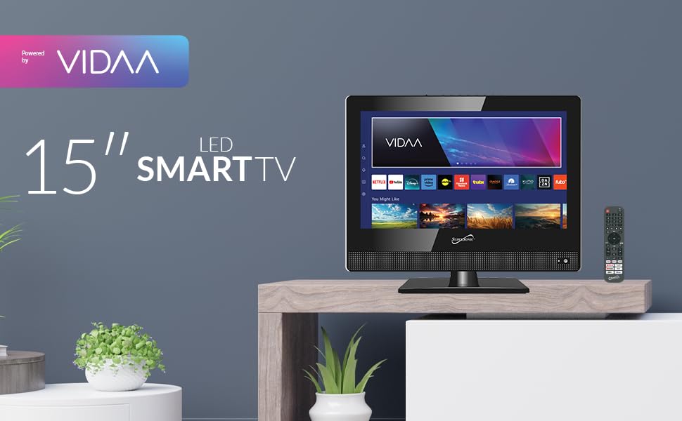 Supersonic SC-1520VTV 15.6 inch Smart AC/DC LED TV, Powered by VIDAA, 1080p, WiFi, Built-in Speakers, USB, HDMI, for Kitchen, RV, Boat, Truck, Playroom, Dorm Room, Remote, DC Car Cord Included