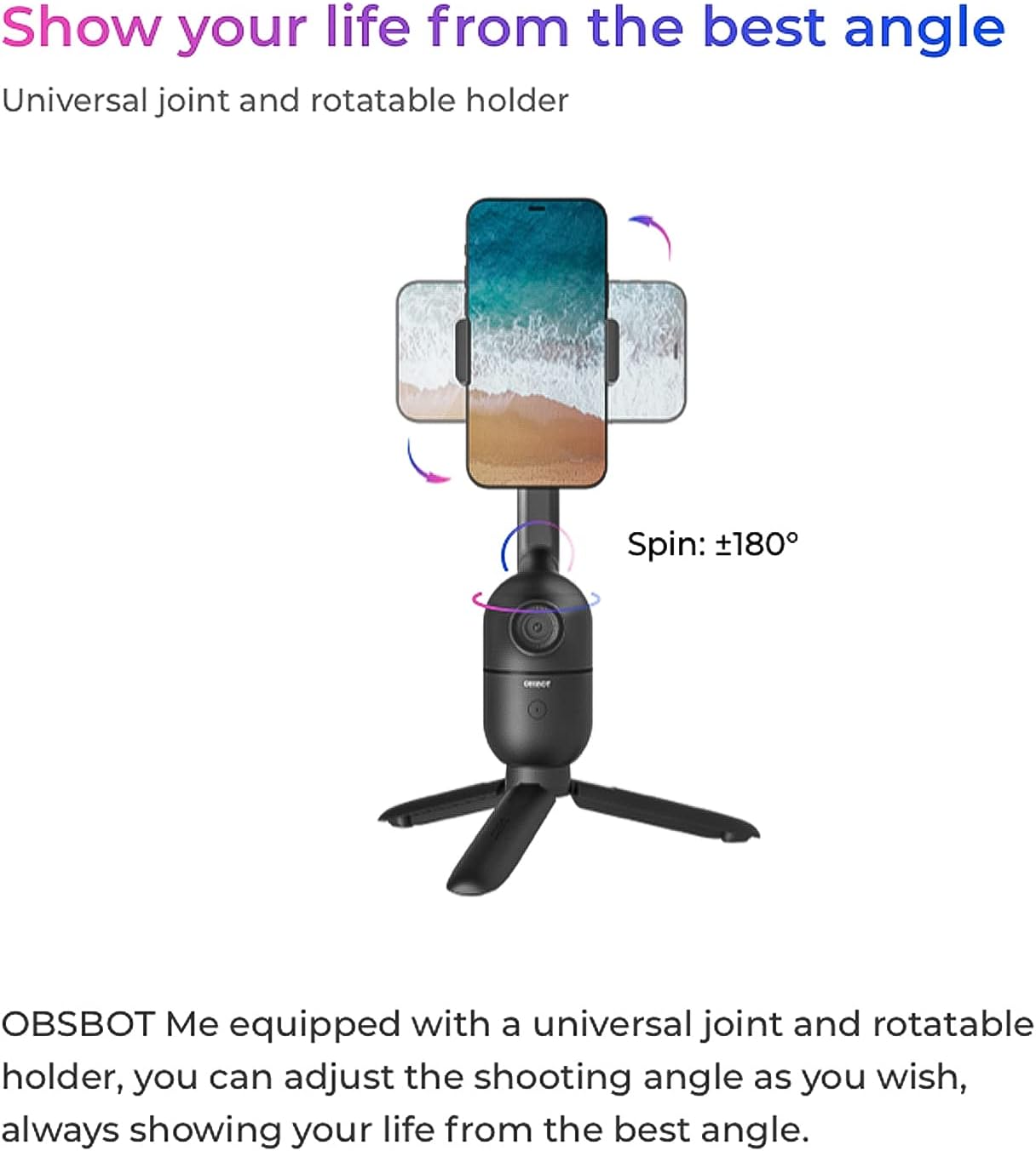OBSBOT Me AI-Powered Tracking Tripod, AI Tracking Auto Frame & Gesture Control, 120° Wide Angle, No App Required, Auto Face Tracking Phone Holder for Selfie Vlog Skype & Face Time Calls