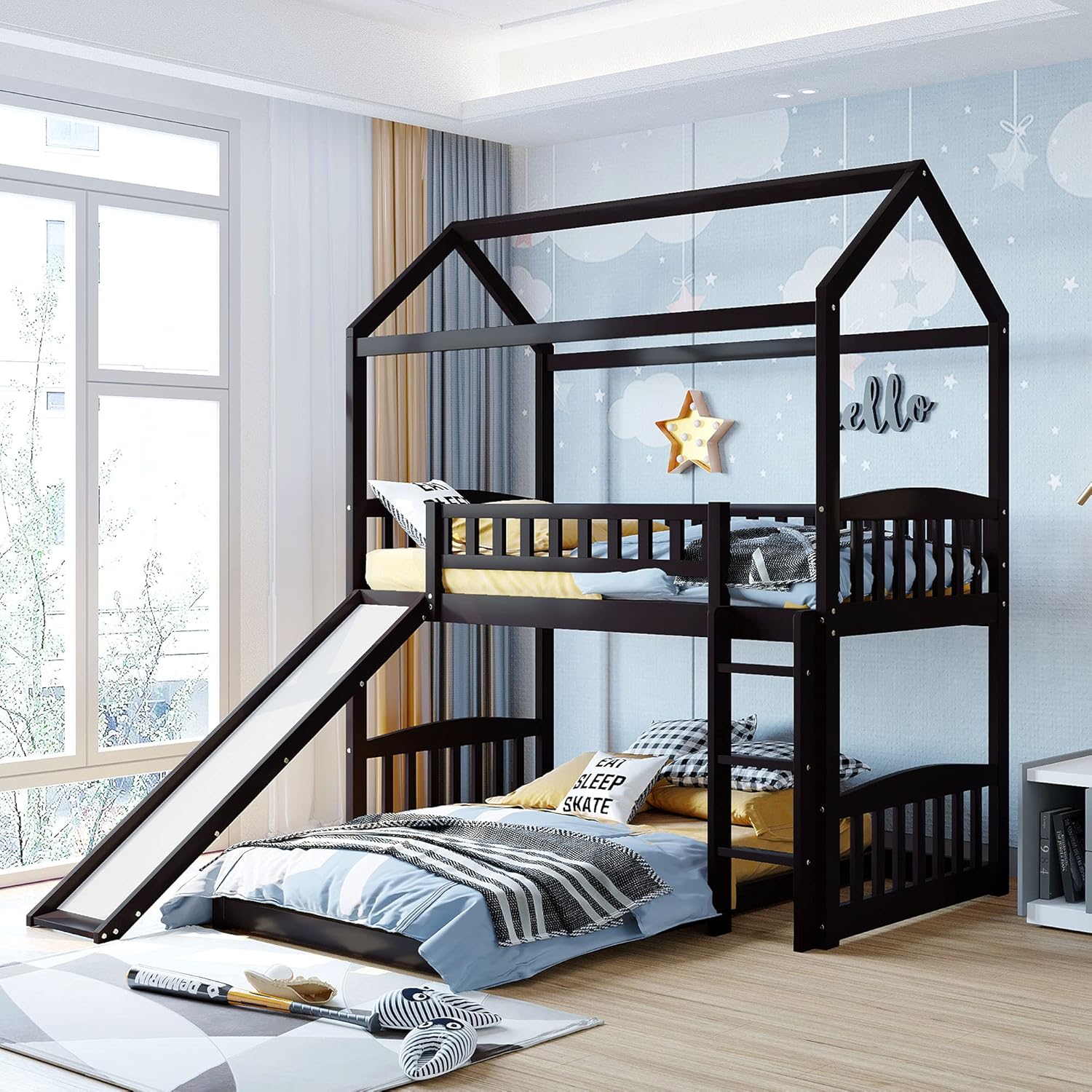 KLMM Twin Over Twin Metal Bunk Bed with Slide and Integrated Ladder, Housebed Bunk Bed for Kids Toddlers, Can be Decorated with Mosquito nets (Black with Black Slide)