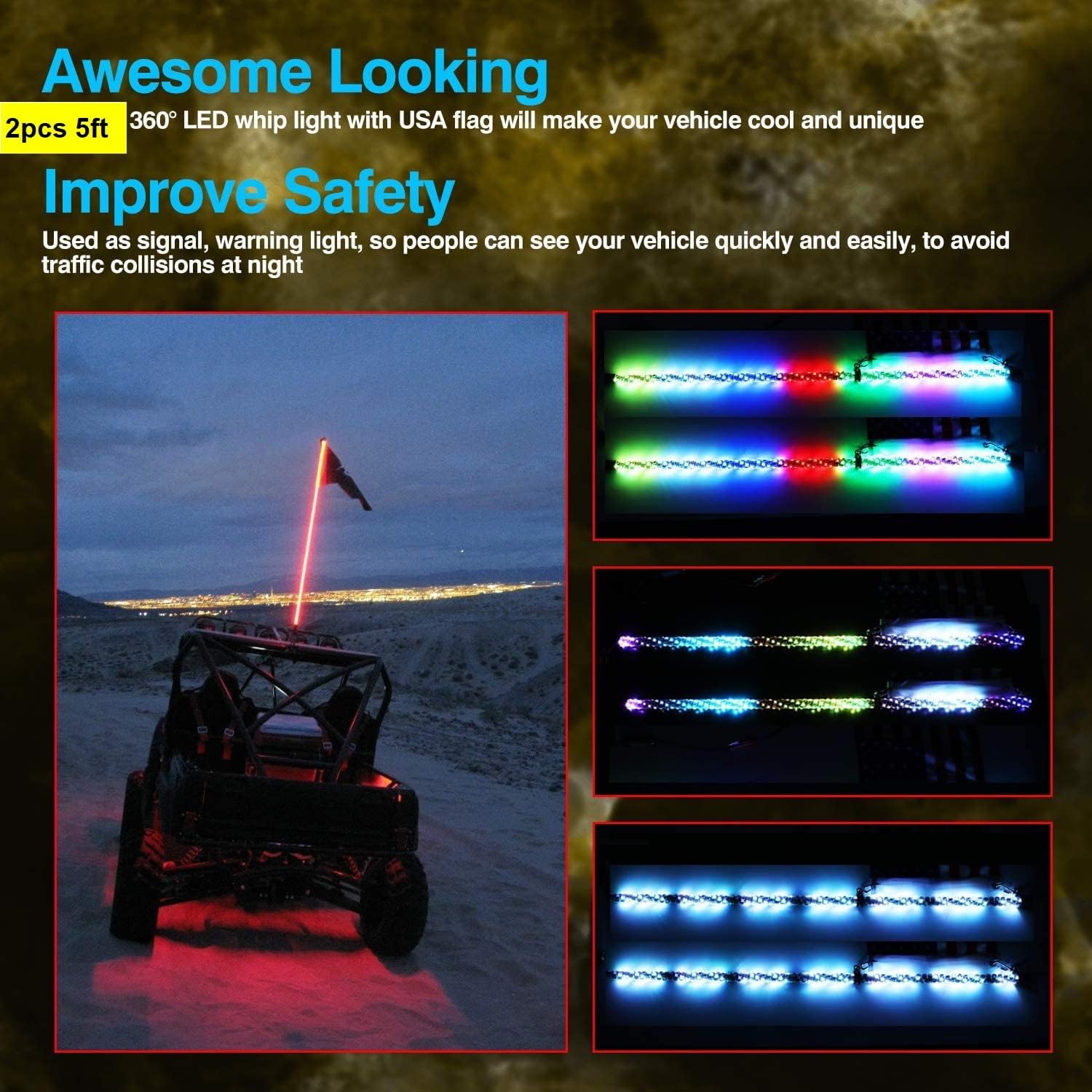 LED Whip Lights, Teochew-LED 2 Pack 5FT RGB Whips Light RGB Chasing Antenna Light Spiral Whip Lights for ATV UTV SXS RZR 4X4 Polaris Truck