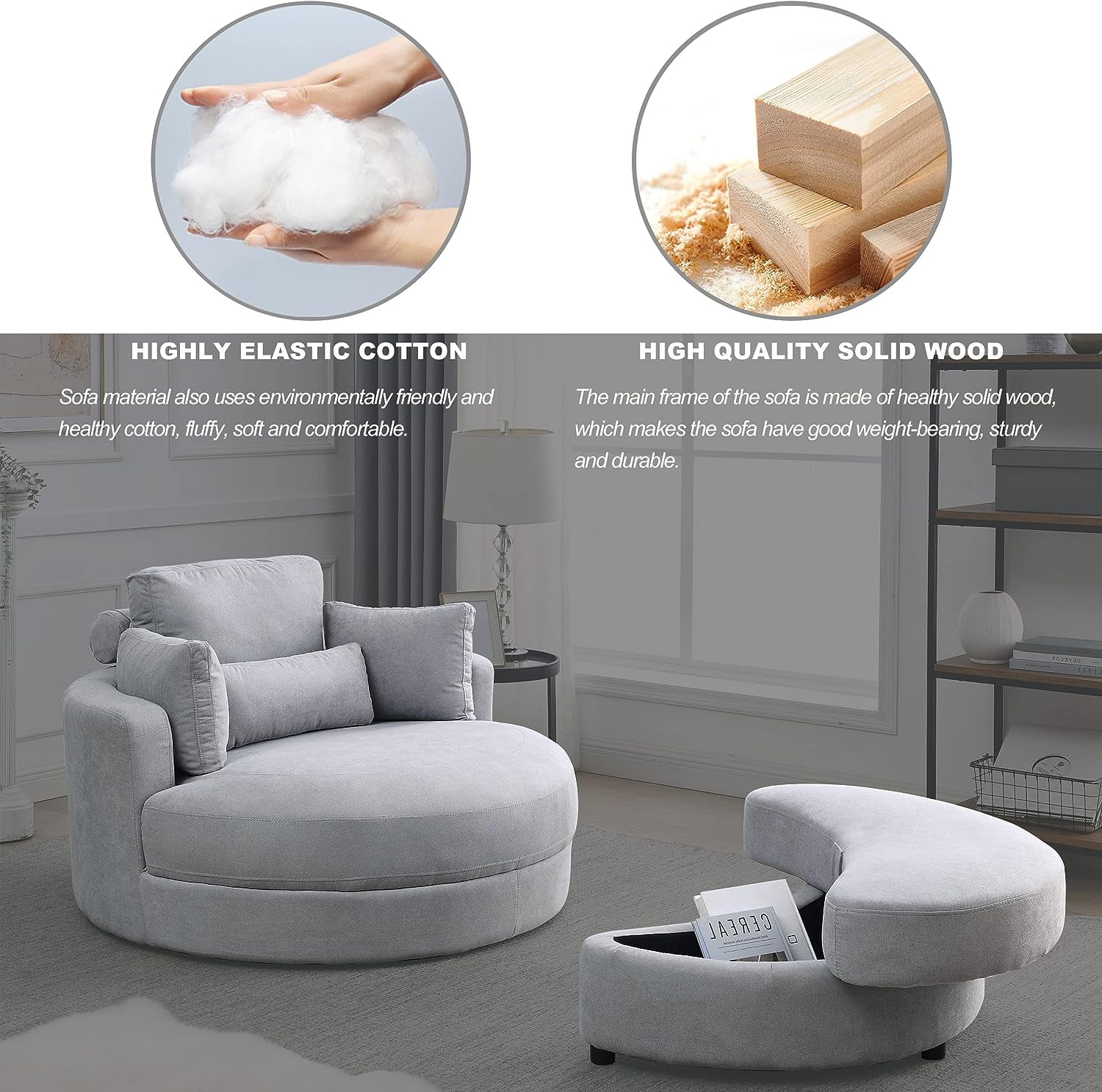 Gxcevsou 51''W Oversized Swivel Chair with Moon Storage Ottoman, Modern Accent Round Loveseat Circle Barrel Chairs Bedroom Cuddle Sofa Lounger Armchair, 4 Pillows, Linen Fabric, Light Gray