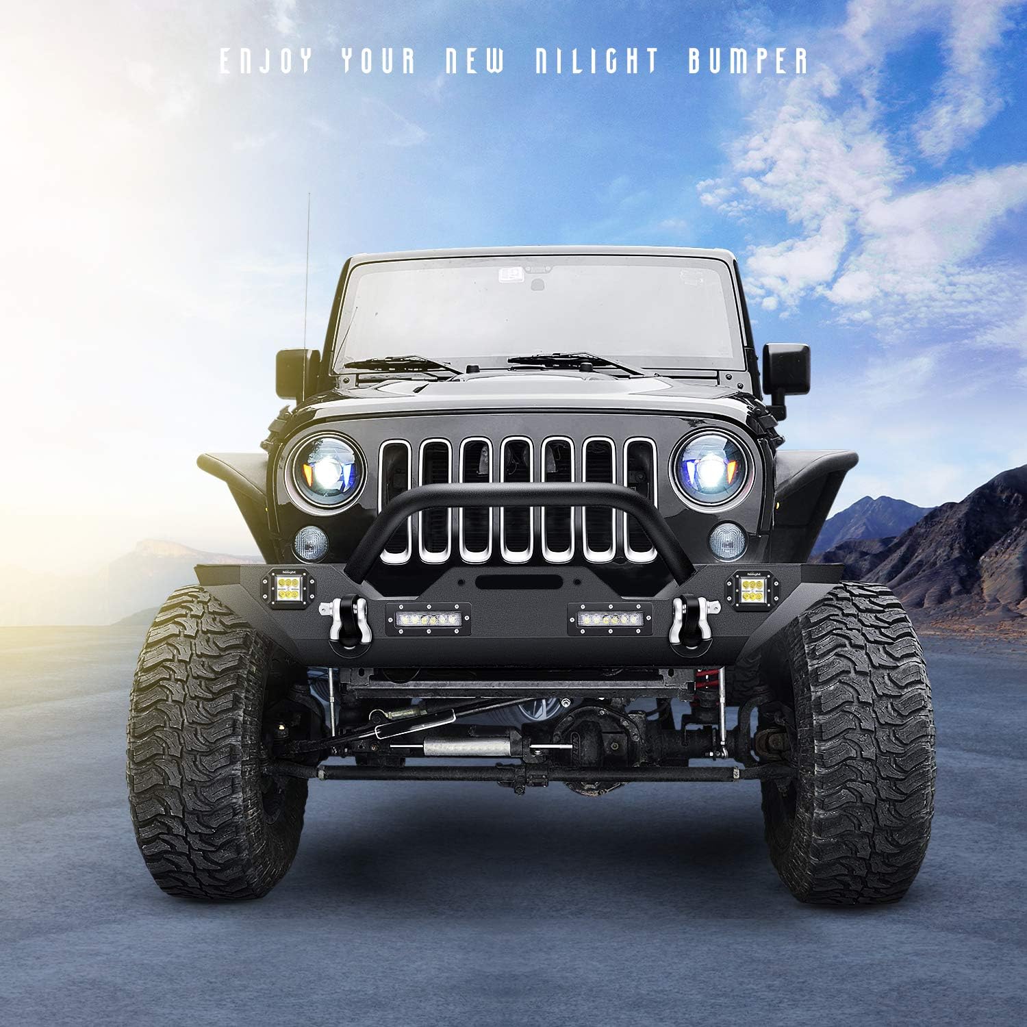 Nilight Front Bumper Compatible for 2007 2008 2009 2010 2011 2012 2013 2014 2015 2016 2017 Jeep Wrangler JK/JKU 2018 2019 2020 2021 2022 JL/JLU 2020-2022 Gladiator JT Rock Crawler Winch Plate